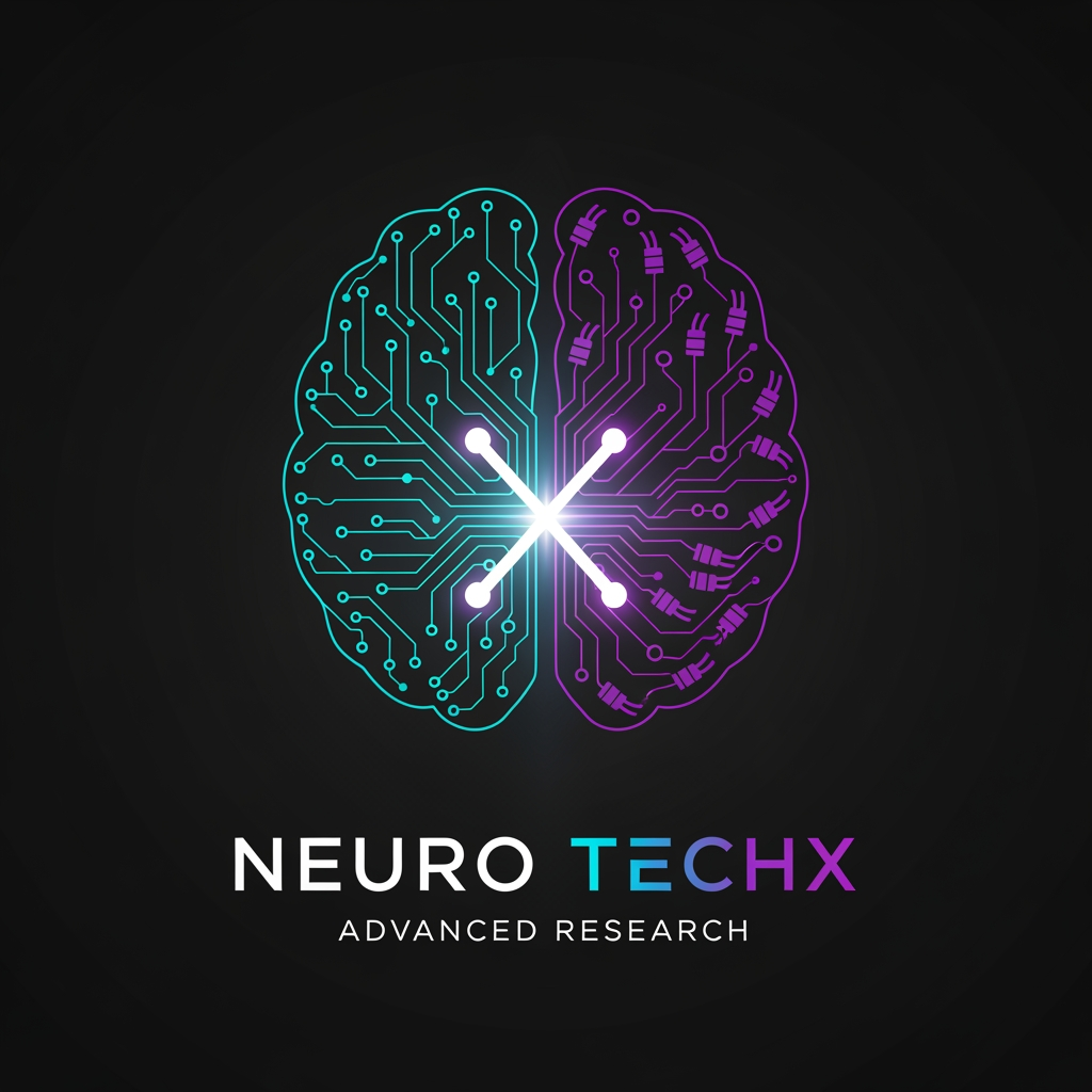 AI Design for Professional logo design for a neuro engineering and brain intelligence research organization called "NEURO TECHX". The icon mark depicts a stylised human brain silhouette constructed entirely from glowing interconnected nodes and ultra-thin signal lines forming a neural network graph. Left hemisphere rendered as sharp geometric circuit-board pathways with right angles and precise nodes; right hemisphere rendered as organic curved synapse arcs with tapered signal lines. At the anatomical centre where both hemispheres meet, a single intensely bright node emits a soft radial glow — at its core, two crossing diagonal signal lines form the letter X, made from light rather than ink. This X-node is the visual anchor of the entire mark. Colour palette: deep matte near-black background (#050A14), nodes and lines in electric cyan (#00C8FF) transitioning to deep violet (#7B2FFF) toward the brain's outer edges, central X-node in pure white with a cyan inner bloom and violet outer haze. All connection lines taper from bright at origin to near-invisible at periphery, suggesting live electrical signal propagation. Below the icon: wordmark "NEURO TECHX" in all-caps geometric sans-serif — "NEURO" in clean white, "TECHX" in cyan-to-violet left-to-right gradient. Beneath that in small, widely-tracked cool grey letters: "ADVANCED RESEARCH". Style: ultra-premium tech brand, cinematic dark theme, photorealistic glow and light physics on a flat vector base, no gradients on background, no decorative borders, no outer glow halos on wordmark. Square canvas 1:1.