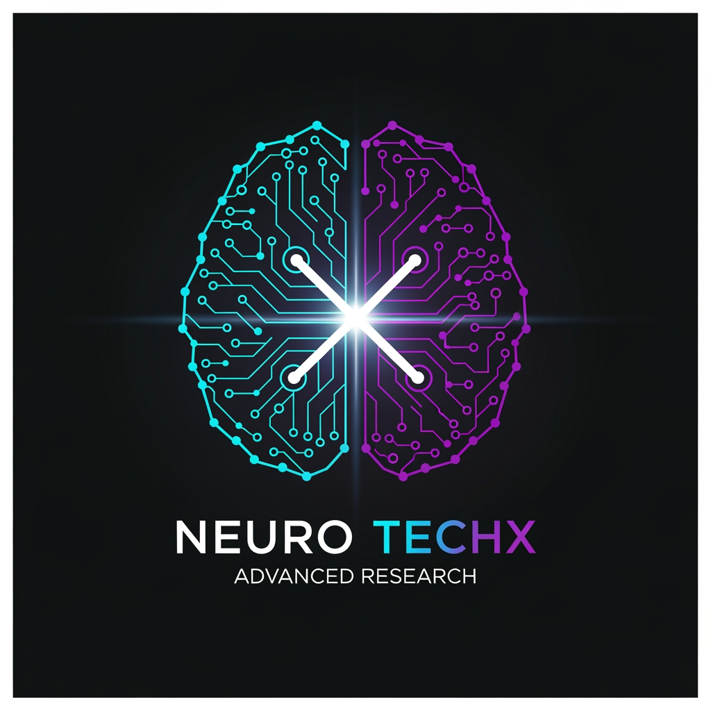 AI Design for Professional logo design for a neuro engineering and brain intelligence research organization called "NEURO TECHX". The icon mark depicts a stylised human brain silhouette constructed entirely from glowing interconnected nodes and ultra-thin signal lines forming a neural network graph. Left hemisphere rendered as sharp geometric circuit-board pathways with right angles and precise nodes; right hemisphere rendered as organic curved synapse arcs with tapered signal lines. At the anatomical centre where both hemispheres meet, a single intensely bright node emits a soft radial glow — at its core, two crossing diagonal signal lines form the letter X, made from light rather than ink. This X-node is the visual anchor of the entire mark. Colour palette: deep matte near-black background (#050A14), nodes and lines in electric cyan (#00C8FF) transitioning to deep violet (#7B2FFF) toward the brain's outer edges, central X-node in pure white with a cyan inner bloom and violet outer haze. All connection lines taper from bright at origin to near-invisible at periphery, suggesting live electrical signal propagation. Below the icon: wordmark "NEURO TECHX" in all-caps geometric sans-serif — "NEURO" in clean white, "TECHX" in cyan-to-violet left-to-right gradient. Beneath that in small, widely-tracked cool grey letters: "ADVANCED RESEARCH". Style: ultra-premium tech brand, cinematic dark theme, photorealistic glow and light physics on a flat vector base, no gradients on background, no decorative borders, no outer glow halos on wordmark. Square canvas 1:1.