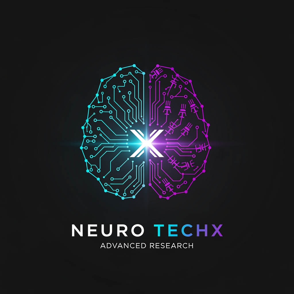 AI Design for Professional logo design for a neuro engineering and brain intelligence research organization called "NEURO TECHX". The icon mark depicts a stylised human brain silhouette constructed entirely from glowing interconnected nodes and ultra-thin signal lines forming a neural network graph. Left hemisphere rendered as sharp geometric circuit-board pathways with right angles and precise nodes; right hemisphere rendered as organic curved synapse arcs with tapered signal lines. At the anatomical centre where both hemispheres meet, a single intensely bright node emits a soft radial glow — at its core, two crossing diagonal signal lines form the letter X, made from light rather than ink. This X-node is the visual anchor of the entire mark. Colour palette: deep matte near-black background (#050A14), nodes and lines in electric cyan (#00C8FF) transitioning to deep violet (#7B2FFF) toward the brain's outer edges, central X-node in pure white with a cyan inner bloom and violet outer haze. All connection lines taper from bright at origin to near-invisible at periphery, suggesting live electrical signal propagation. Below the icon: wordmark "NEURO TECHX" in all-caps geometric sans-serif — "NEURO" in clean white, "TECHX" in cyan-to-violet left-to-right gradient. Beneath that in small, widely-tracked cool grey letters: "ADVANCED RESEARCH". Style: ultra-premium tech brand, cinematic dark theme, photorealistic glow and light physics on a flat vector base, no gradients on background, no decorative borders, no outer glow halos on wordmark. Square canvas 1:1.