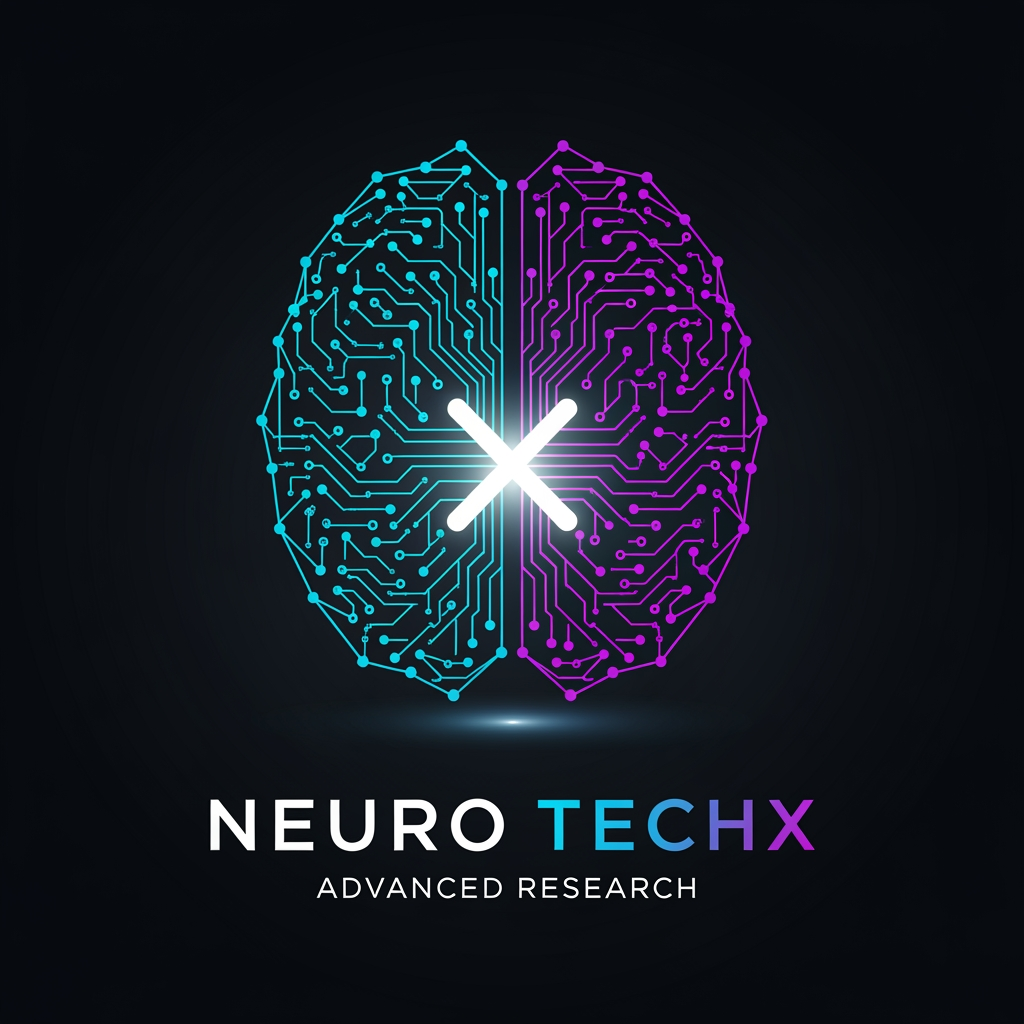 AI Design for Professional logo design for a neuro engineering and brain intelligence research organization called "NEURO TECHX". The icon mark depicts a stylised human brain silhouette constructed entirely from glowing interconnected nodes and ultra-thin signal lines forming a neural network graph. Left hemisphere rendered as sharp geometric circuit-board pathways with right angles and precise nodes; right hemisphere rendered as organic curved synapse arcs with tapered signal lines. At the anatomical centre where both hemispheres meet, a single intensely bright node emits a soft radial glow — at its core, two crossing diagonal signal lines form the letter X, made from light rather than ink. This X-node is the visual anchor of the entire mark. Colour palette: deep matte near-black background (#050A14), nodes and lines in electric cyan (#00C8FF) transitioning to deep violet (#7B2FFF) toward the brain's outer edges, central X-node in pure white with a cyan inner bloom and violet outer haze. All connection lines taper from bright at origin to near-invisible at periphery, suggesting live electrical signal propagation. Below the icon: wordmark "NEURO TECHX" in all-caps geometric sans-serif — "NEURO" in clean white, "TECHX" in cyan-to-violet left-to-right gradient. Beneath that in small, widely-tracked cool grey letters: "ADVANCED RESEARCH". Style: ultra-premium tech brand, cinematic dark theme, photorealistic glow and light physics on a flat vector base, no gradients on background, no decorative borders, no outer glow halos on wordmark. Square canvas 1:1.