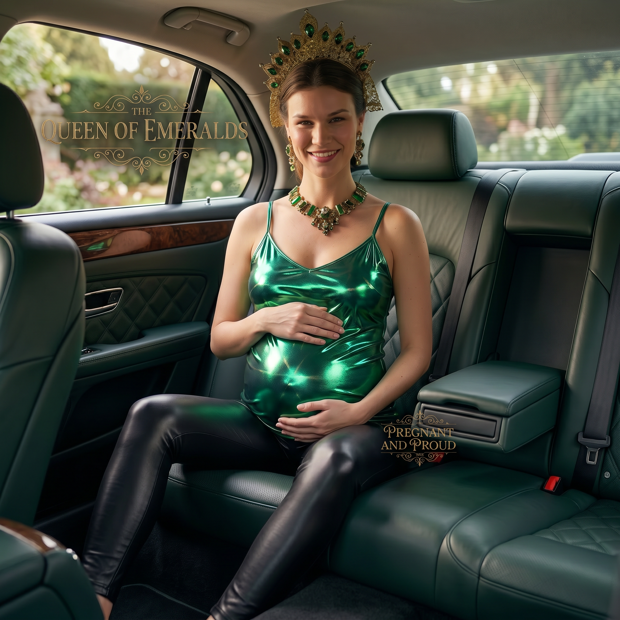 AI Design for she is sitting in a car alone and show her front body with spread out legs a little bit