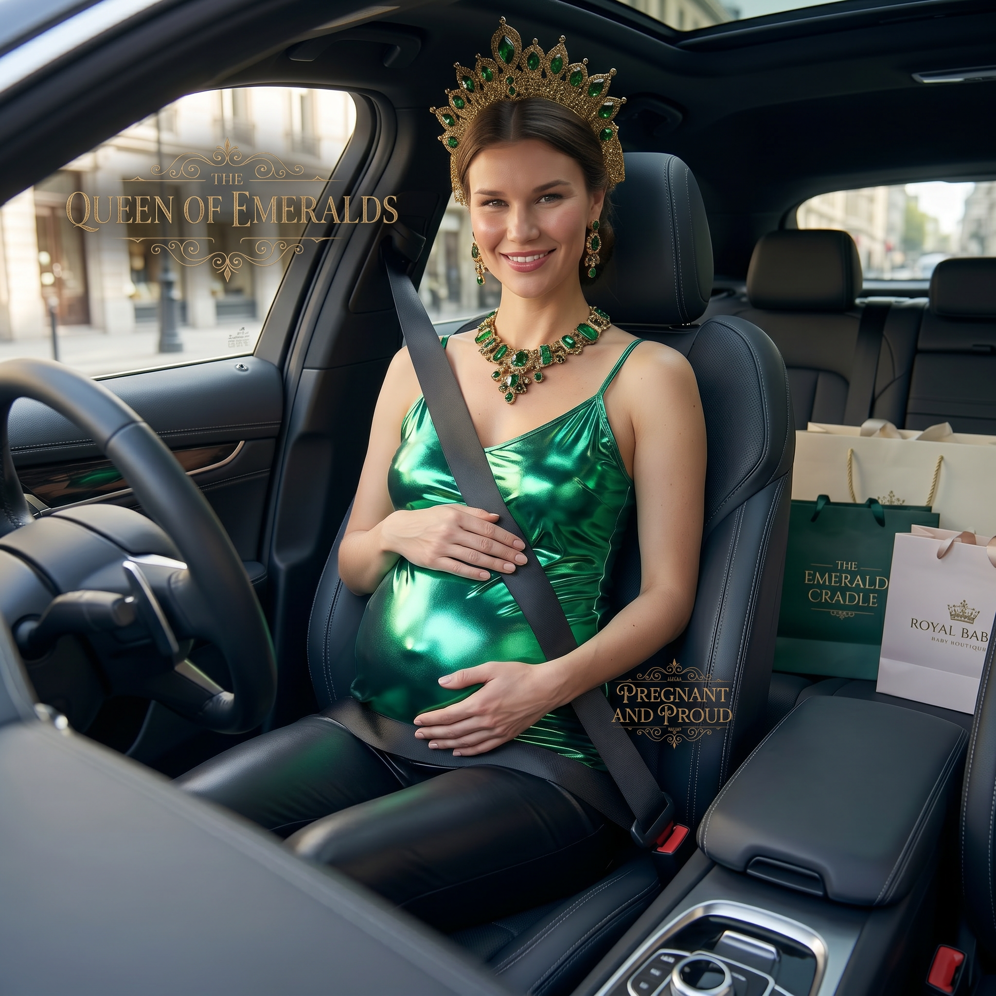 AI Design for she is sitting in a car alone and show her front body