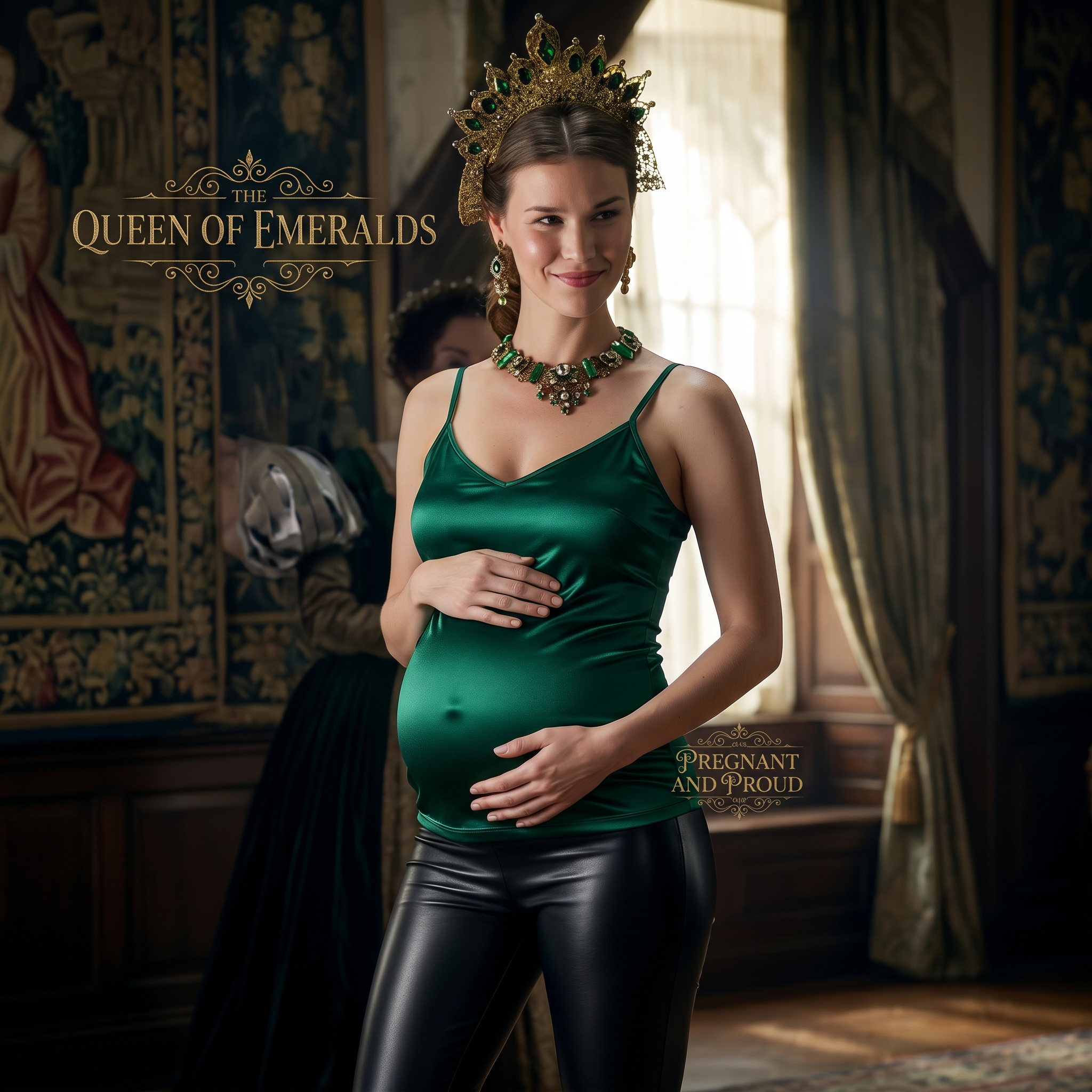 AI Design for queen of emerald wears shiny fitted cami woman emerald tank top and she is pregnant and she wears black leather socks and black tight shiny leather leggings