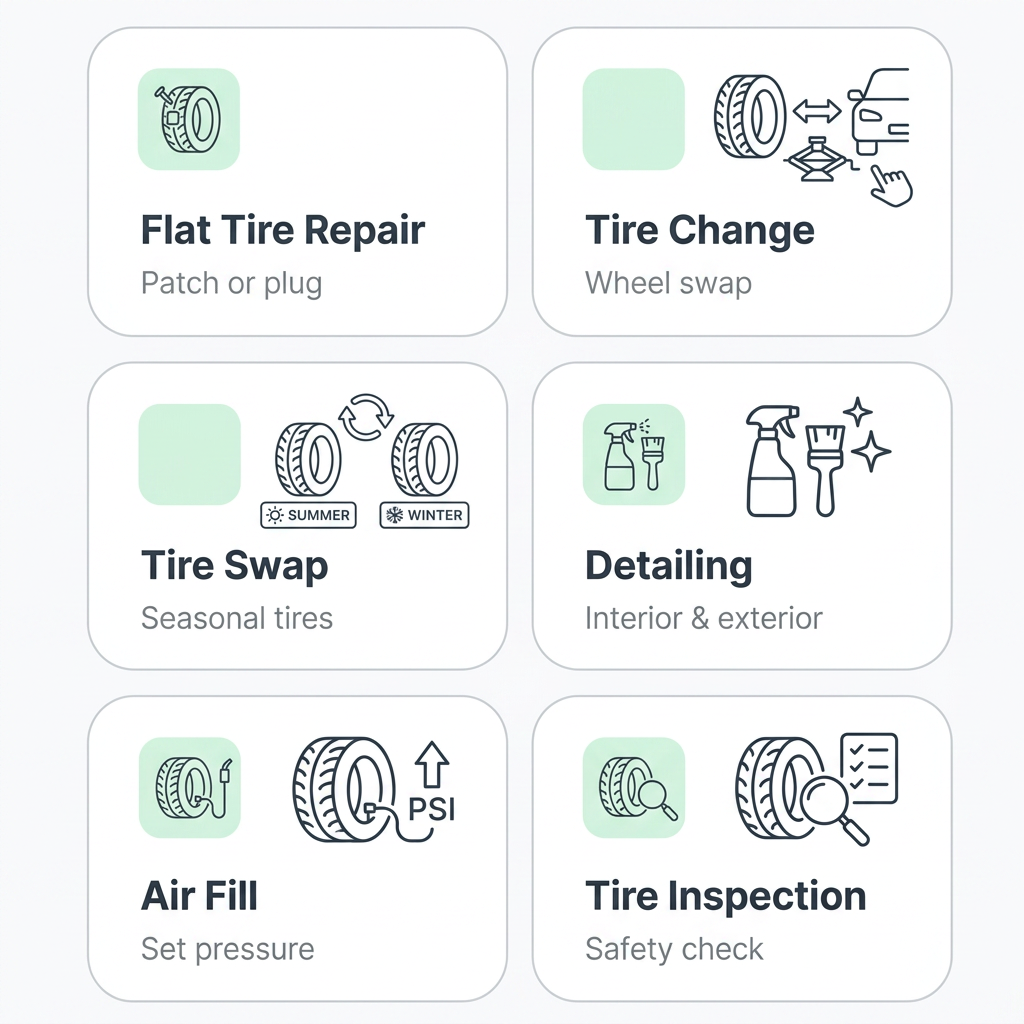 AI Design for Design a cohesive set of 6 minimal outline UI icons for a roadside tire service mobile application. The icons must match a modern app UI icon pack style with thin consistent stroke weight, rounded line caps, and precise geometric construction. Use a monochrome dark gray color on a white background.
Each icon represents: Flat Tire Repair, Tire Change, Tire Inspection, Tire Puncture Fix, Tire Replacement, Wheel Balancing.
Style requirements:
Clean vector line icons (outline style only)
No 3D, no gradients, no fills, no shadows
Consistent stroke width across all icons
Balanced spacing and alignment
Simple geometric forms for maximum readability
Modern minimalist SaaS/mobile UI style
Fully scalable and readable at small sizes
Professional automotive service theme
Uniform visual language like iOS/Material UI icon systems
Ensure the entire set looks like a single unified icon family designed for a high-end mobile app interface.”