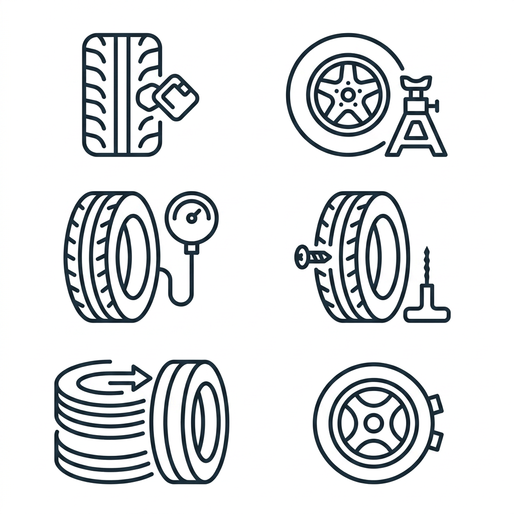 AI Design for Design a cohesive set of 6 minimal outline UI icons for a roadside tire service mobile application. The icons must match a modern app UI icon pack style with thin consistent stroke weight, rounded line caps, and precise geometric construction. Use a monochrome dark gray color on a white background.
Each icon represents: Flat Tire Repair, Tire Change, Tire Inspection, Tire Puncture Fix, Tire Replacement, Wheel Balancing.
Style requirements:
Clean vector line icons (outline style only)
No 3D, no gradients, no fills, no shadows
Consistent stroke width across all icons
Balanced spacing and alignment
Simple geometric forms for maximum readability
Modern minimalist SaaS/mobile UI style
Fully scalable and readable at small sizes
Professional automotive service theme
Uniform visual language like iOS/Material UI icon systems
Ensure the entire set looks like a single unified icon family designed for a high-end mobile app interface.”