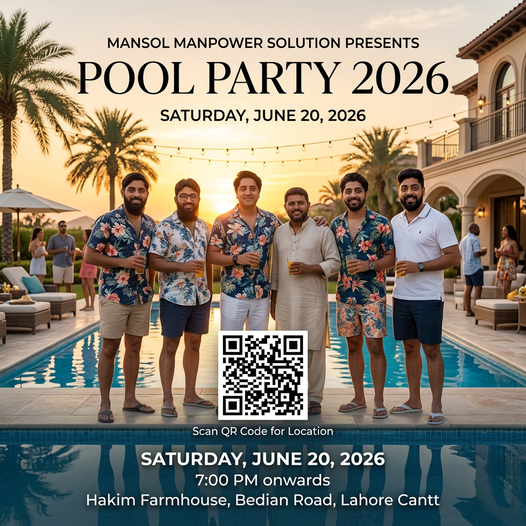 AI Design for REALISTIC AI IMAGE CREATION PROMPT
Create an ultra-realistic, professional 4K pool party invitation poster using the uploaded group photo.
IMPORTANT REQUIREMENTS
Preserve every person's face exactly as in the original photo.
Do not alter, beautify, regenerate, swap, or distort any face.
Maintain original facial features, skin tone, expressions, beard, hairstyle, and identity.
Only change clothing and surroundings.
Photorealistic DSLR quality, natural human proportions, realistic lighting, and authentic textures.
SCENE
Transform the group into a luxury poolside gathering at Hakim Farmhouse, Bedian Road, Lahore Cantt, Pakistan during a beautiful summer evening.
The group is standing together beside a large crystal-clear swimming pool filled with fresh, sparkling blue water. The pool reflects elegant warm lights from the farmhouse and surrounding palm trees. The atmosphere is vibrant, luxurious, and welcoming.
The background should include:
Luxury farmhouse architecture
Palm trees and landscaped gardens
Premium outdoor furniture
Decorative evening lighting
Warm sunset sky transitioning into blue-hour evening
Water reflections and subtle pool ripples
Elegant party atmosphere
String lights and lanterns
Clean and realistic environment
PEOPLE
Use the uploaded group photo.
Place all people naturally beside the swimming pool.
Dress them in tasteful modern pool-party clothing and swimwear suitable for a corporate social gathering:
Stylish swim shorts
Casual summer shirts
Resort-style poolside fashion
Modern sunglasses (optional)
Relaxed and natural poses
Faces must remain 100% identical to the source image.
LIGHTING
Golden-hour sunset lighting
Cinematic realism
Natural shadows
Realistic reflections on water
Professional photography lighting
High dynamic range
Ultra-sharp focus
POSTER DESIGN
Include elegant typography:
MANSOL MANPOWER SOLUTION
POOL PARTY 2026
📍 Hakim Farmhouse, Bedian Road, Lahore Cantt
📅 19 June 2026
🕖 7:00 PM Onwards
Scan QR Code for Location
Generate and place a large, clean, scannable QR code linked to:
https://www.google.com/maps/place/Hakim+Farmhouse/@31.3860661,74.4960742,17z/data=!3m1!4b1!4m6!3m5!1s0x3919a73c50390fd9:0x78ee7400852597aa!8m2!3d31.3860615!4d74.4986491!16s%2Fg%2F11s1bjcbf3
QUALITY SETTINGS
Ultra-realistic photography, RAW DSLR image, 85mm lens, f/1.8, natural skin textures, realistic water physics, professional event photography, photorealistic details, high-end luxury resort atmosphere, magazine-quality promotional poster, 4K resolution, extremely detailed, no cartoon effects, no AI-looking faces, no face modifications, no distortions, no extra fingers, no duplicate people.
PLEASE DO NOT CHANGE FACES
MAKE IT AS IT DON CHANGE THE FACES