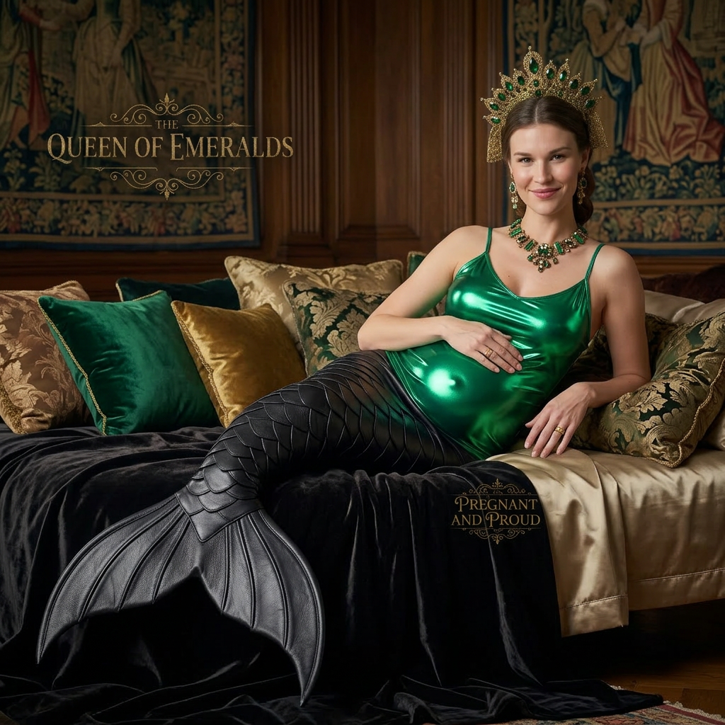 AI Design for she is showing sexy pose on a bed like an mermaid but tail is black leather