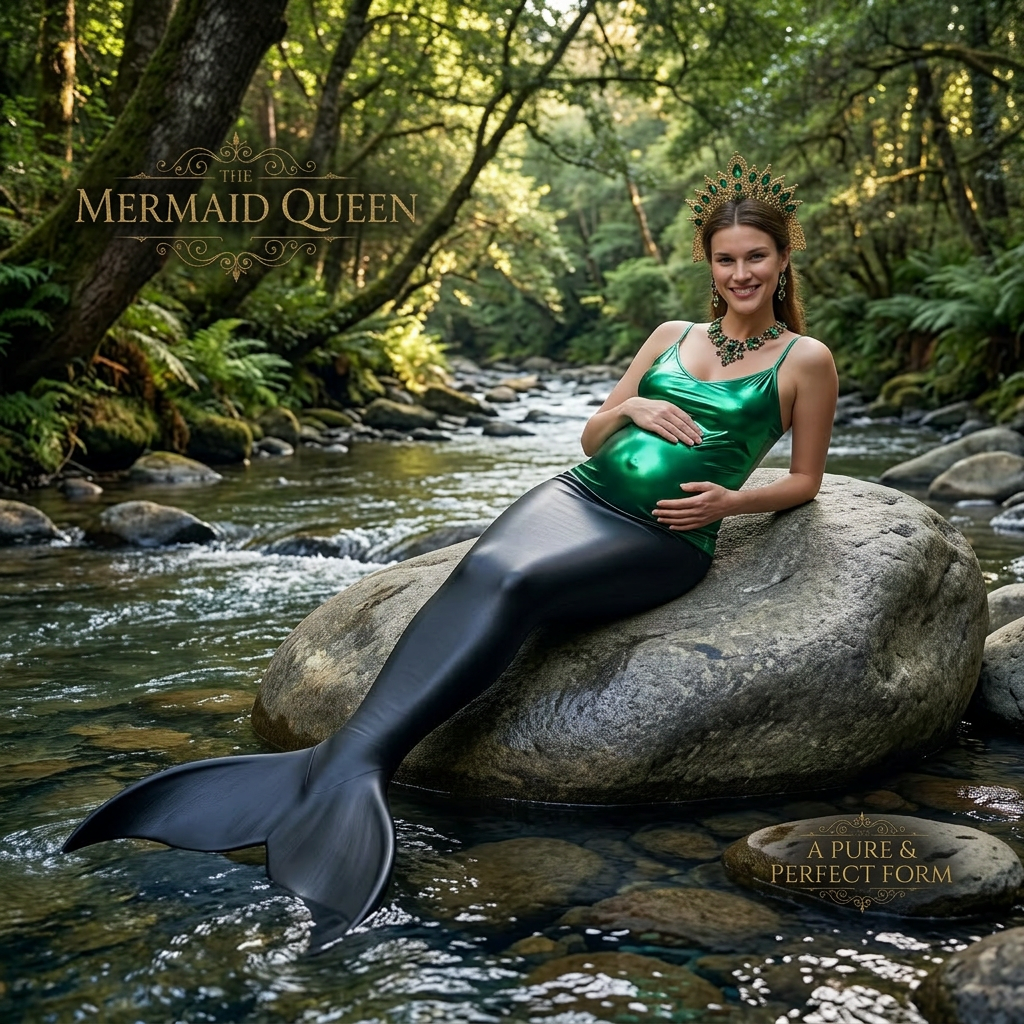 AI Design for she is relaxing on a rock in a river like an mermaid but tail is black leather and no textures