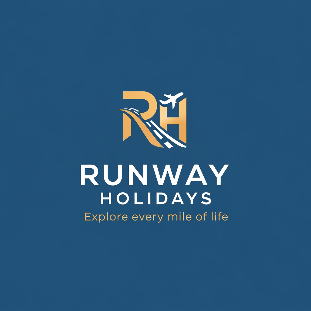 AI Design for Create a logo for a brand Named " Runway Holidays" as a professional text and " Explore every mile of life" as a Tagline and with letter R and H Create a Icon Related to Travel like professional and RH will shown highlited u choose colour of your travel related colour