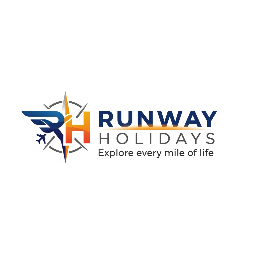 AI Design for Create a logo for a brand Named " Runway Holidays" as a professional text and " Explore every mile of life" as a Tagline and with letter R and H Create a Icon Related to Travel like professional and RH will shown highlited u choose colour of your travel related colour