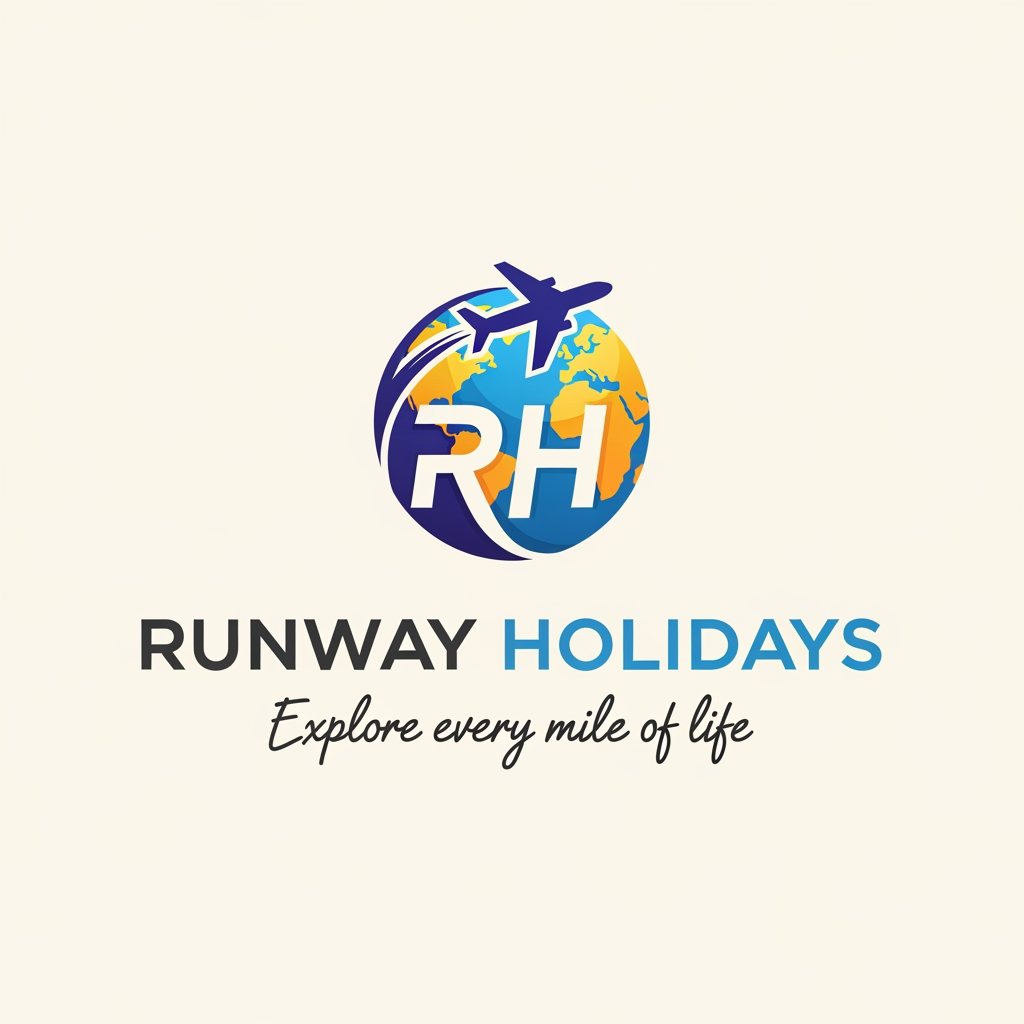 AI Design for Create a logo for a brand Named " Runway Holidays" as a professional text and " Explore every mile of life" as a Tagline and with letter R and H Create a Icon Related to Travel like professional and RH will shown highlited u choose colour of your travel related colour
