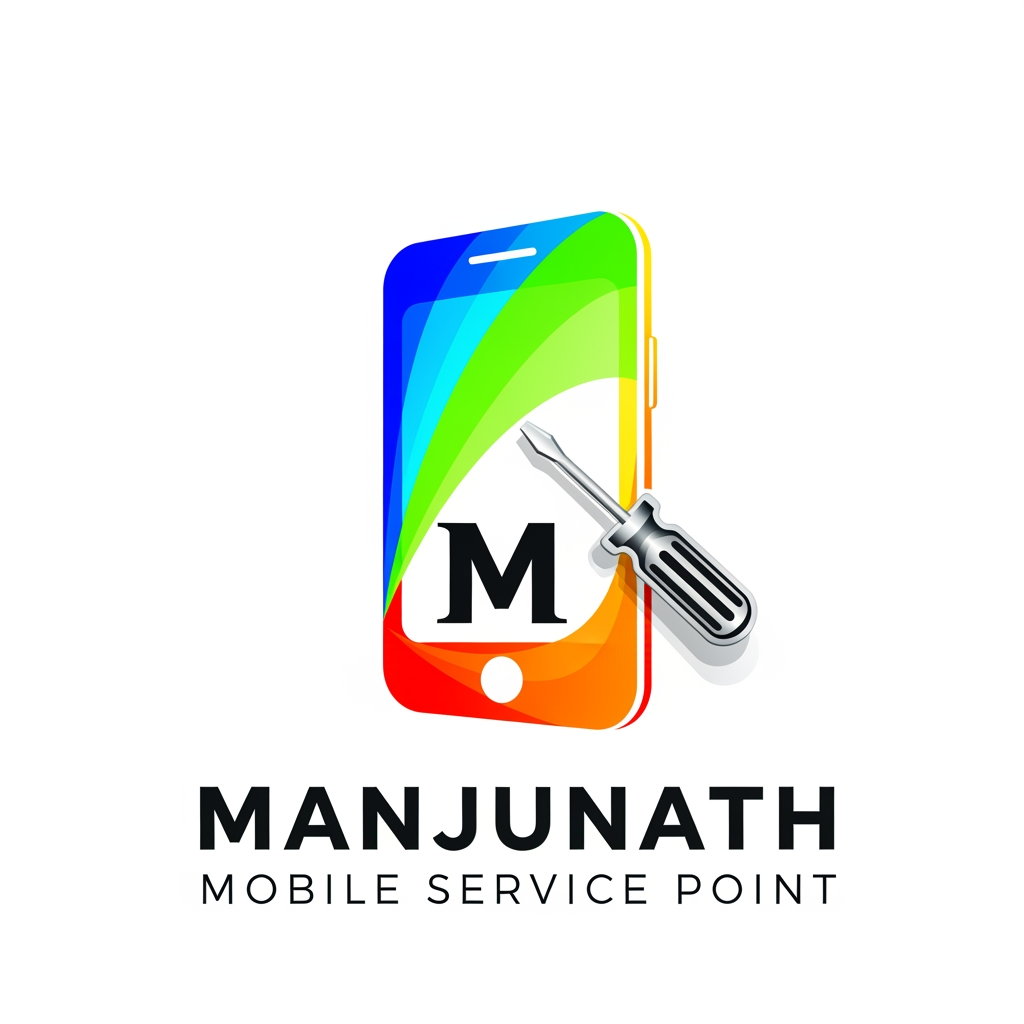 AI Design for manjunath mobile service point just create the logo , make it colourful and attractable and make sure that the logo contains "M" and mobile and screw driver sticker and the logo should be modern and very unique, the size of the "M" should be small compared to the mobile and the letter "M" should overlay on the mobile