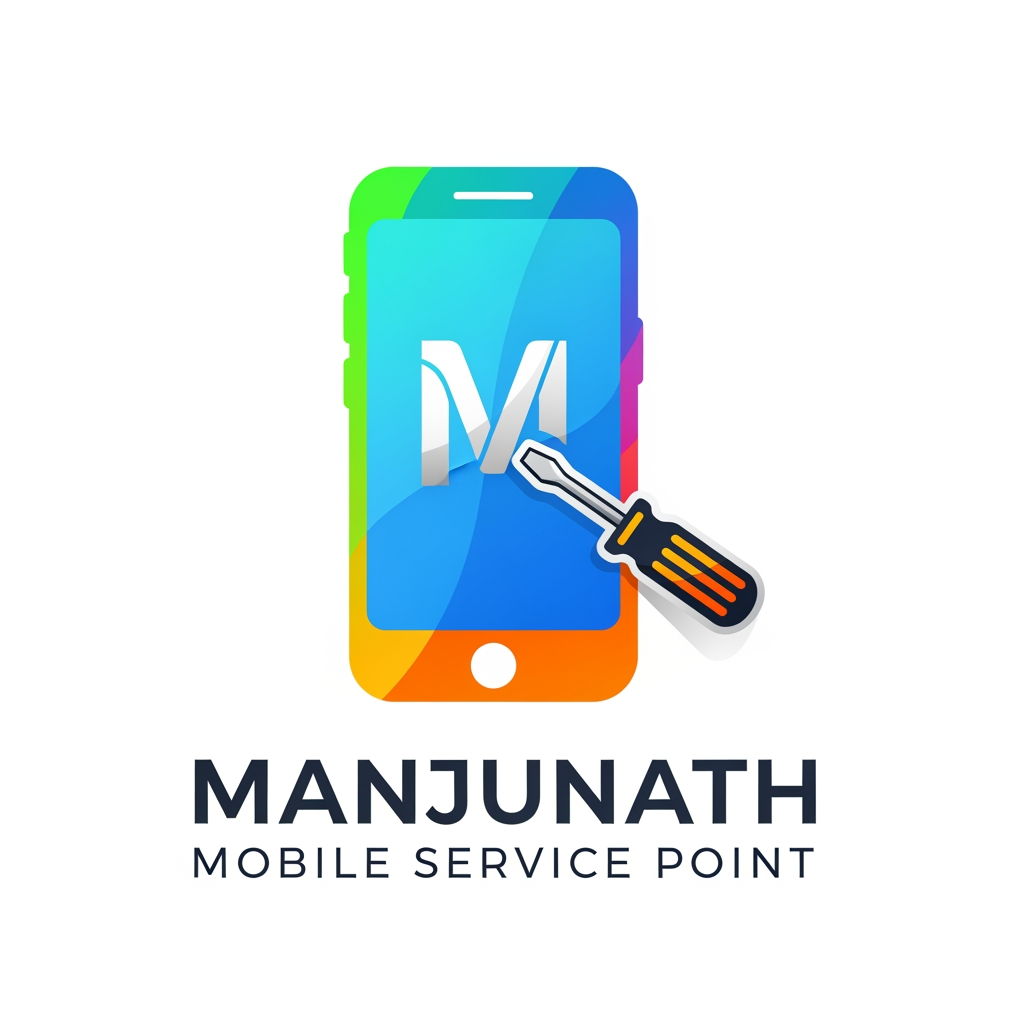 AI Design for manjunath mobile service point just create the logo , make it colourful and attractable and make sure that the logo contains "M" and mobile and screw driver sticker and the logo should be modern and very unique, the size of the "M" should be small compared to the mobile and the letter "M" should overlay on the mobile