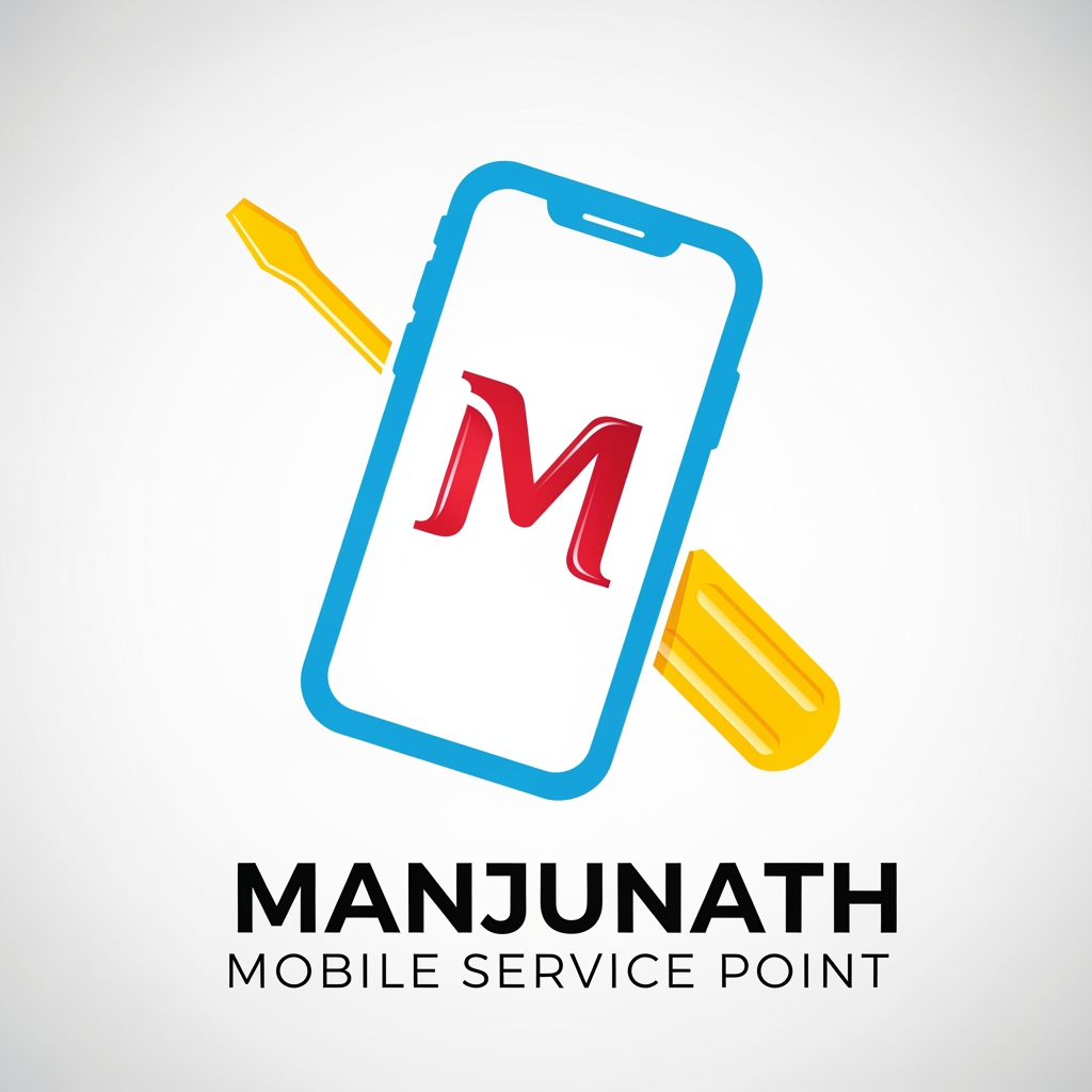 AI Design for manjunath mobile service point just create the logo , make it colourful and attractable and make sure that the logo contains "M" and mobile and screw driver sticker and the logo should be modern and very unique, the size of the "M" should be small compared to the mobile and the letter "M" should overlay on the mobile
