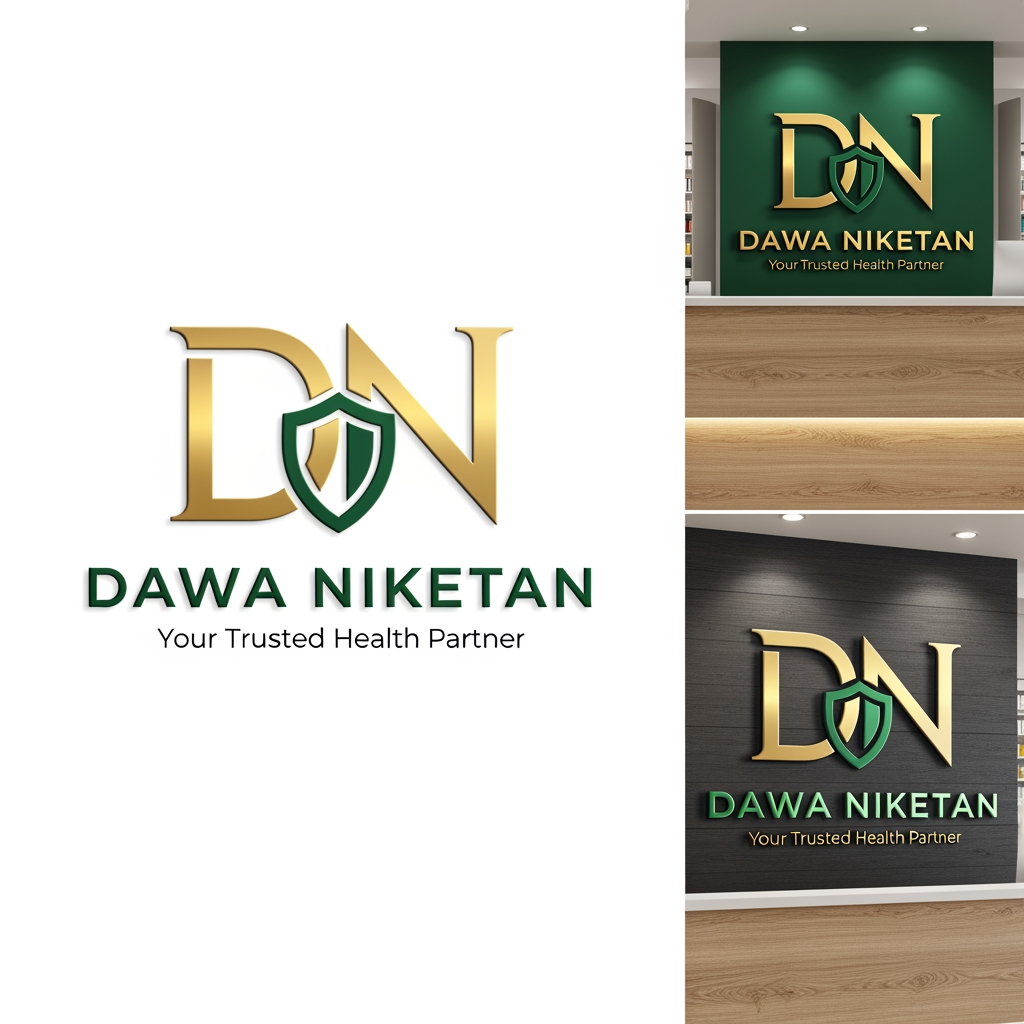 AI Design for Design a premium, minimalist, and memorable logo for "Dawa Niketan Medical Shop".
Requirements:
* Main logo should be based on the initials "DN".
* Modern monogram style with clean geometric lines.
* Simple, aesthetic, and timeless design.
* Must symbolize healthcare, trust, wellness, and care without looking generic.
* Avoid obvious medical crosses dominating the design.
* Integrate a subtle healthcare element creatively within the letters (such as a shield, heartbeat line, capsule shape, leaf, caring hand, or protection symbol).
* Create a strong standalone icon that can be used on shop boards, medicine bags, invoices, website, and social media.
* Premium 3D mockup presentation with realistic depth and shadows.
* Vector-style logo suitable for printing and signage.
Color Palette Options (choose one):
1. Deep Navy Blue + Teal
2. Emerald Green + Gold
3. Royal Blue + Silver
4. Dark Forest Green + Champagne Gold
5. Charcoal Black + Medical Green
Style:
* Luxury healthcare branding
* Minimalist
* Professional
* Elegant
* High-end pharmacy identity
Typography:
* Clean sans-serif or premium serif font
* "DAWA NIKETAN" prominently displayed
* Optional tagline: "Your Trusted Health Partner"
Background:
* White background for logo presentation
* Additional premium 3D signage mockup on a pharmacy reception desk
The final logo should feel as premium as Apollo Pharmacy, Tata 1mg, and modern healthcare brands while remaining unique and instantly recognizable.