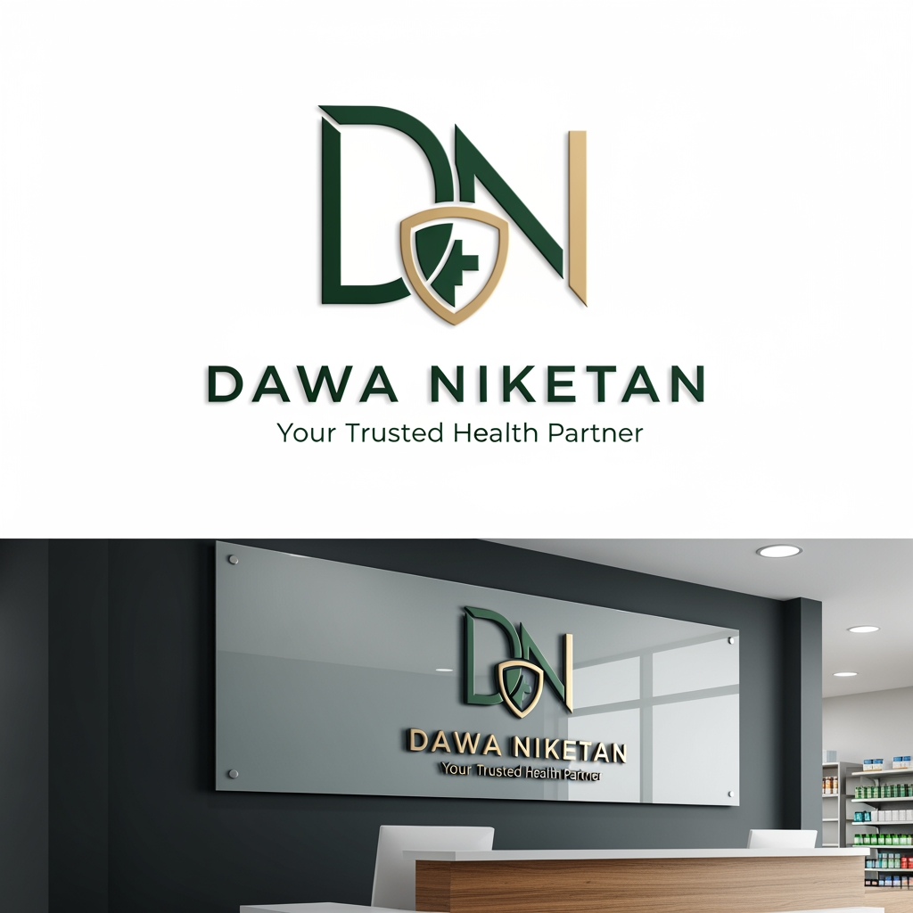 AI Design for Design a premium, minimalist, and memorable logo for "Dawa Niketan Medical Shop".
Requirements:
* Main logo should be based on the initials "DN".
* Modern monogram style with clean geometric lines.
* Simple, aesthetic, and timeless design.
* Must symbolize healthcare, trust, wellness, and care without looking generic.
* Avoid obvious medical crosses dominating the design.
* Integrate a subtle healthcare element creatively within the letters (such as a shield, heartbeat line, capsule shape, leaf, caring hand, or protection symbol).
* Create a strong standalone icon that can be used on shop boards, medicine bags, invoices, website, and social media.
* Premium 3D mockup presentation with realistic depth and shadows.
* Vector-style logo suitable for printing and signage.
Color Palette Options (choose one):
1. Deep Navy Blue + Teal
2. Emerald Green + Gold
3. Royal Blue + Silver
4. Dark Forest Green + Champagne Gold
5. Charcoal Black + Medical Green
Style:
* Luxury healthcare branding
* Minimalist
* Professional
* Elegant
* High-end pharmacy identity
Typography:
* Clean sans-serif or premium serif font
* "DAWA NIKETAN" prominently displayed
* Optional tagline: "Your Trusted Health Partner"
Background:
* White background for logo presentation
* Additional premium 3D signage mockup on a pharmacy reception desk
The final logo should feel as premium as Apollo Pharmacy, Tata 1mg, and modern healthcare brands while remaining unique and instantly recognizable.