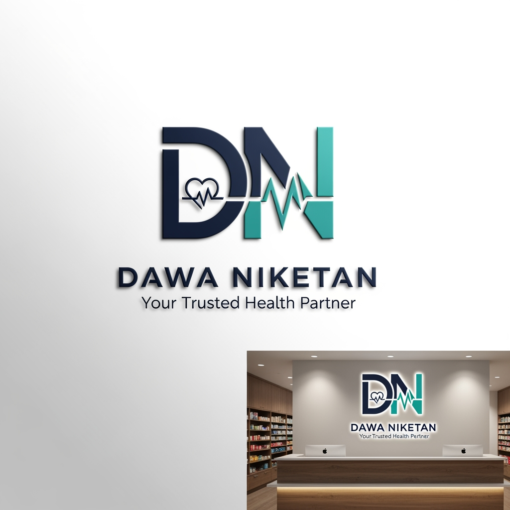 AI Design for Design a premium, minimalist, and memorable logo for "Dawa Niketan Medical Shop".
Requirements:
* Main logo should be based on the initials "DN".
* Modern monogram style with clean geometric lines.
* Simple, aesthetic, and timeless design.
* Must symbolize healthcare, trust, wellness, and care without looking generic.
* Avoid obvious medical crosses dominating the design.
* Integrate a subtle healthcare element creatively within the letters (such as a shield, heartbeat line, capsule shape, leaf, caring hand, or protection symbol).
* Create a strong standalone icon that can be used on shop boards, medicine bags, invoices, website, and social media.
* Premium 3D mockup presentation with realistic depth and shadows.
* Vector-style logo suitable for printing and signage.
Color Palette Options (choose one):
1. Deep Navy Blue + Teal
2. Emerald Green + Gold
3. Royal Blue + Silver
4. Dark Forest Green + Champagne Gold
5. Charcoal Black + Medical Green
Style:
* Luxury healthcare branding
* Minimalist
* Professional
* Elegant
* High-end pharmacy identity
Typography:
* Clean sans-serif or premium serif font
* "DAWA NIKETAN" prominently displayed
* Optional tagline: "Your Trusted Health Partner"
Background:
* White background for logo presentation
* Additional premium 3D signage mockup on a pharmacy reception desk
The final logo should feel as premium as Apollo Pharmacy, Tata 1mg, and modern healthcare brands while remaining unique and instantly recognizable.
