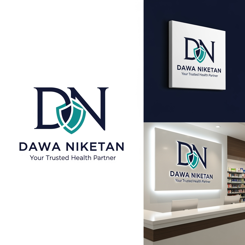AI Design for Design a premium, minimalist, and memorable logo for "Dawa Niketan Medical Shop".
Requirements:
* Main logo should be based on the initials "DN".
* Modern monogram style with clean geometric lines.
* Simple, aesthetic, and timeless design.
* Must symbolize healthcare, trust, wellness, and care without looking generic.
* Avoid obvious medical crosses dominating the design.
* Integrate a subtle healthcare element creatively within the letters (such as a shield, heartbeat line, capsule shape, leaf, caring hand, or protection symbol).
* Create a strong standalone icon that can be used on shop boards, medicine bags, invoices, website, and social media.
* Premium 3D mockup presentation with realistic depth and shadows.
* Vector-style logo suitable for printing and signage.
Color Palette Options (choose one):
1. Deep Navy Blue + Teal
2. Emerald Green + Gold
3. Royal Blue + Silver
4. Dark Forest Green + Champagne Gold
5. Charcoal Black + Medical Green
Style:
* Luxury healthcare branding
* Minimalist
* Professional
* Elegant
* High-end pharmacy identity
Typography:
* Clean sans-serif or premium serif font
* "DAWA NIKETAN" prominently displayed
* Optional tagline: "Your Trusted Health Partner"
Background:
* White background for logo presentation
* Additional premium 3D signage mockup on a pharmacy reception desk
The final logo should feel as premium as Apollo Pharmacy, Tata 1mg, and modern healthcare brands while remaining unique and instantly recognizable.