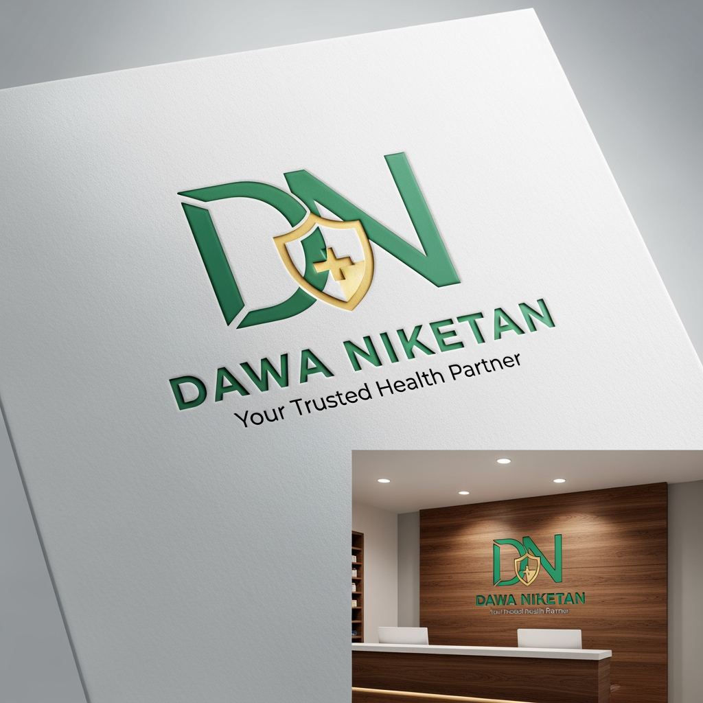 AI Design for Design a premium, minimalist, and memorable logo for "Dawa Niketan Medical Shop".
Requirements:
* Main logo should be based on the initials "DN".
* Modern monogram style with clean geometric lines.
* Simple, aesthetic, and timeless design.
* Must symbolize healthcare, trust, wellness, and care without looking generic.
* Avoid obvious medical crosses dominating the design.
* Integrate a subtle healthcare element creatively within the letters (such as a shield, heartbeat line, capsule shape, leaf, caring hand, or protection symbol).
* Create a strong standalone icon that can be used on shop boards, medicine bags, invoices, website, and social media.
* Premium 3D mockup presentation with realistic depth and shadows.
* Vector-style logo suitable for printing and signage.
Color Palette Options (choose one):
1. Deep Navy Blue + Teal
2. Emerald Green + Gold
3. Royal Blue + Silver
4. Dark Forest Green + Champagne Gold
5. Charcoal Black + Medical Green
Style:
* Luxury healthcare branding
* Minimalist
* Professional
* Elegant
* High-end pharmacy identity
Typography:
* Clean sans-serif or premium serif font
* "DAWA NIKETAN" prominently displayed
* Optional tagline: "Your Trusted Health Partner"
Background:
* White background for logo presentation
* Additional premium 3D signage mockup on a pharmacy reception desk
The final logo should feel as premium as Apollo Pharmacy, Tata 1mg, and modern healthcare brands while remaining unique and instantly recognizable.