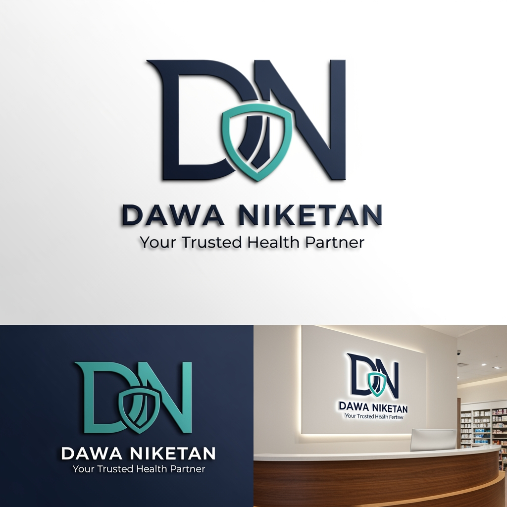 AI Design for Design a premium, minimalist, and memorable logo for "Dawa Niketan Medical Shop".
Requirements:
* Main logo should be based on the initials "DN".
* Modern monogram style with clean geometric lines.
* Simple, aesthetic, and timeless design.
* Must symbolize healthcare, trust, wellness, and care without looking generic.
* Avoid obvious medical crosses dominating the design.
* Integrate a subtle healthcare element creatively within the letters (such as a shield, heartbeat line, capsule shape, leaf, caring hand, or protection symbol).
* Create a strong standalone icon that can be used on shop boards, medicine bags, invoices, website, and social media.
* Premium 3D mockup presentation with realistic depth and shadows.
* Vector-style logo suitable for printing and signage.
Color Palette Options (choose one):
1. Deep Navy Blue + Teal
2. Emerald Green + Gold
3. Royal Blue + Silver
4. Dark Forest Green + Champagne Gold
5. Charcoal Black + Medical Green
Style:
* Luxury healthcare branding
* Minimalist
* Professional
* Elegant
* High-end pharmacy identity
Typography:
* Clean sans-serif or premium serif font
* "DAWA NIKETAN" prominently displayed
* Optional tagline: "Your Trusted Health Partner"
Background:
* White background for logo presentation
* Additional premium 3D signage mockup on a pharmacy reception desk
The final logo should feel as premium as Apollo Pharmacy, Tata 1mg, and modern healthcare brands while remaining unique and instantly recognizable.