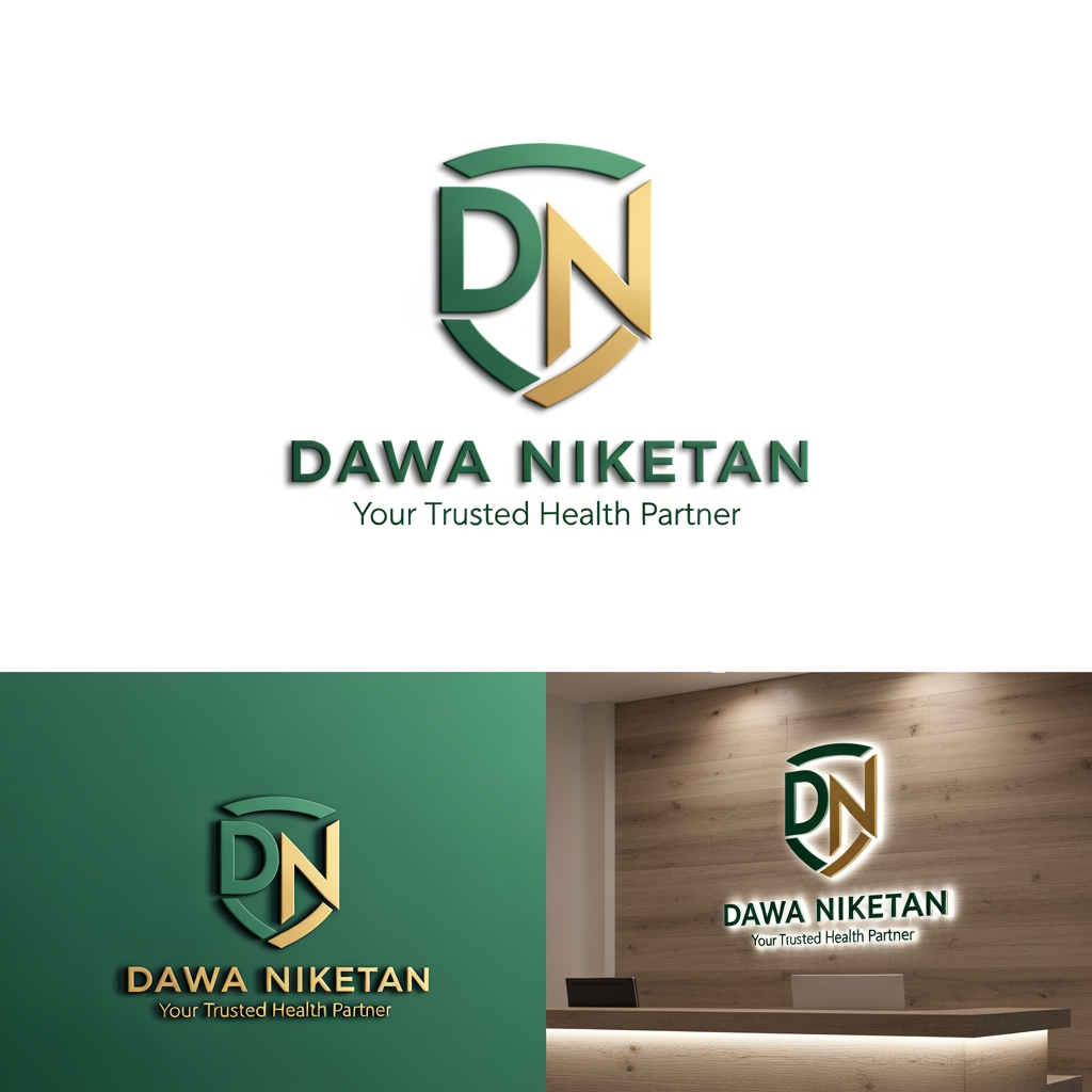 AI Design for Design a premium, minimalist, and memorable logo for "Dawa Niketan Medical Shop".
Requirements:
* Main logo should be based on the initials "DN".
* Modern monogram style with clean geometric lines.
* Simple, aesthetic, and timeless design.
* Must symbolize healthcare, trust, wellness, and care without looking generic.
* Avoid obvious medical crosses dominating the design.
* Integrate a subtle healthcare element creatively within the letters (such as a shield, heartbeat line, capsule shape, leaf, caring hand, or protection symbol).
* Create a strong standalone icon that can be used on shop boards, medicine bags, invoices, website, and social media.
* Premium 3D mockup presentation with realistic depth and shadows.
* Vector-style logo suitable for printing and signage.
Color Palette Options (choose one):
1. Deep Navy Blue + Teal
2. Emerald Green + Gold
3. Royal Blue + Silver
4. Dark Forest Green + Champagne Gold
5. Charcoal Black + Medical Green
Style:
* Luxury healthcare branding
* Minimalist
* Professional
* Elegant
* High-end pharmacy identity
Typography:
* Clean sans-serif or premium serif font
* "DAWA NIKETAN" prominently displayed
* Optional tagline: "Your Trusted Health Partner"
Background:
* White background for logo presentation
* Additional premium 3D signage mockup on a pharmacy reception desk
The final logo should feel as premium as Apollo Pharmacy, Tata 1mg, and modern healthcare brands while remaining unique and instantly recognizable.