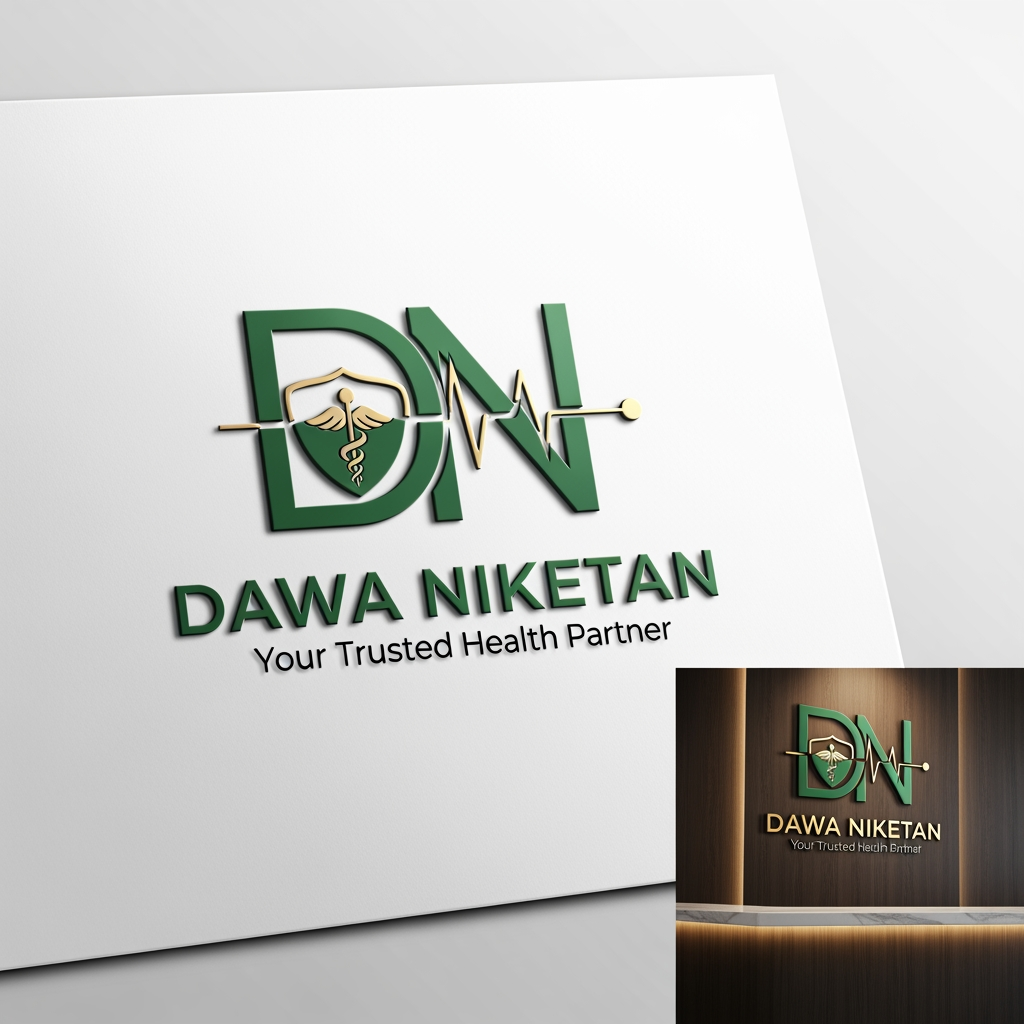 AI Design for Design a premium, minimalist, and memorable logo for "Dawa Niketan Medical Shop".
Requirements:
* Main logo should be based on the initials "DN".
* Modern monogram style with clean geometric lines.
* Simple, aesthetic, and timeless design.
* Must symbolize healthcare, trust, wellness, and care without looking generic.
* Avoid obvious medical crosses dominating the design.
* Integrate a subtle healthcare element creatively within the letters (such as a shield, heartbeat line, capsule shape, leaf, caring hand, or protection symbol).
* Create a strong standalone icon that can be used on shop boards, medicine bags, invoices, website, and social media.
* Premium 3D mockup presentation with realistic depth and shadows.
* Vector-style logo suitable for printing and signage.
Color Palette Options (choose one):
1. Deep Navy Blue + Teal
2. Emerald Green + Gold
3. Royal Blue + Silver
4. Dark Forest Green + Champagne Gold
5. Charcoal Black + Medical Green
Style:
* Luxury healthcare branding
* Minimalist
* Professional
* Elegant
* High-end pharmacy identity
Typography:
* Clean sans-serif or premium serif font
* "DAWA NIKETAN" prominently displayed
* Optional tagline: "Your Trusted Health Partner"
Background:
* White background for logo presentation
* Additional premium 3D signage mockup on a pharmacy reception desk
The final logo should feel as premium as Apollo Pharmacy, Tata 1mg, and modern healthcare brands while remaining unique and instantly recognizable.
