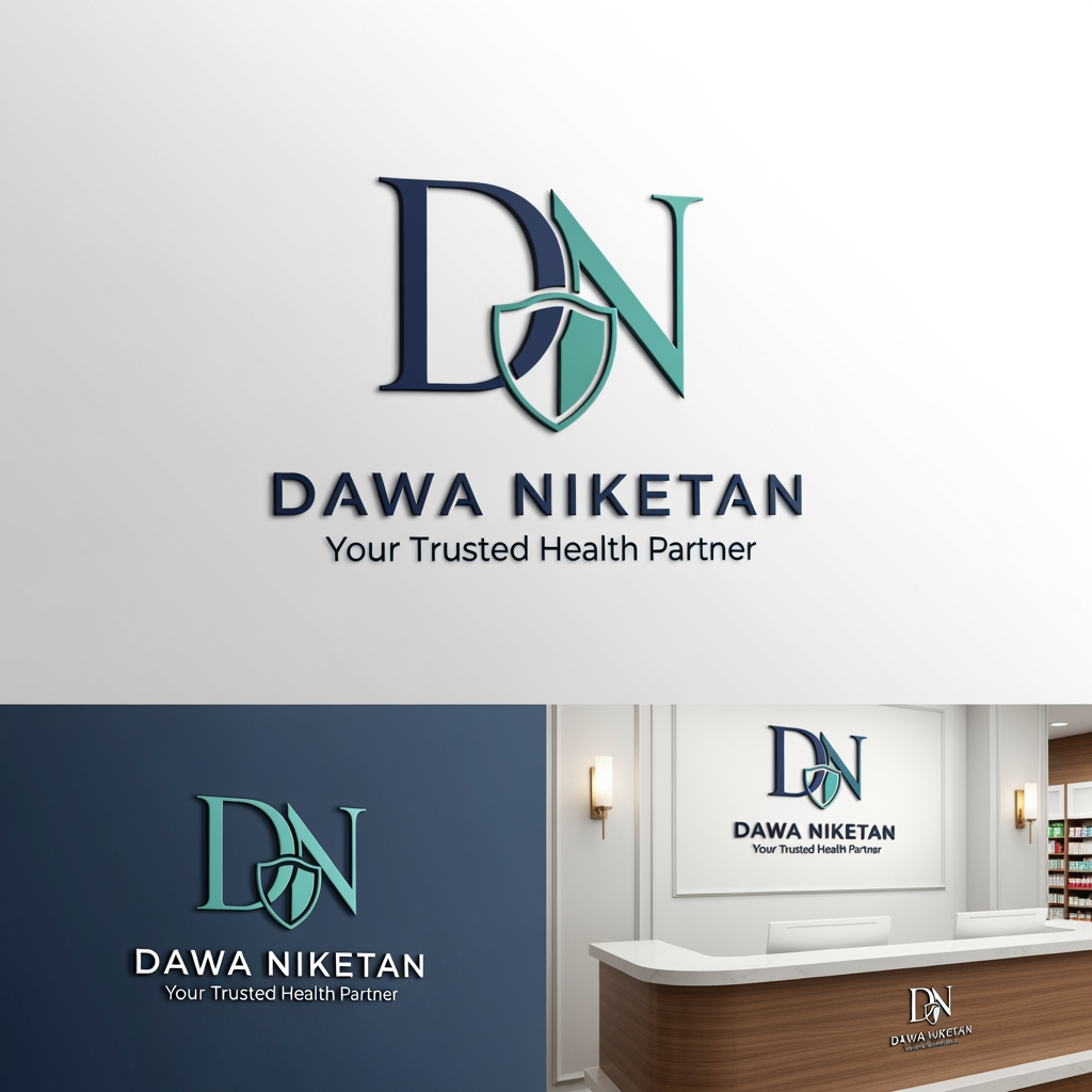 AI Design for Design a premium, minimalist, and memorable logo for "Dawa Niketan Medical Shop".
Requirements:
* Main logo should be based on the initials "DN".
* Modern monogram style with clean geometric lines.
* Simple, aesthetic, and timeless design.
* Must symbolize healthcare, trust, wellness, and care without looking generic.
* Avoid obvious medical crosses dominating the design.
* Integrate a subtle healthcare element creatively within the letters (such as a shield, heartbeat line, capsule shape, leaf, caring hand, or protection symbol).
* Create a strong standalone icon that can be used on shop boards, medicine bags, invoices, website, and social media.
* Premium 3D mockup presentation with realistic depth and shadows.
* Vector-style logo suitable for printing and signage.
Color Palette Options (choose one):
1. Deep Navy Blue + Teal
2. Emerald Green + Gold
3. Royal Blue + Silver
4. Dark Forest Green + Champagne Gold
5. Charcoal Black + Medical Green
Style:
* Luxury healthcare branding
* Minimalist
* Professional
* Elegant
* High-end pharmacy identity
Typography:
* Clean sans-serif or premium serif font
* "DAWA NIKETAN" prominently displayed
* Optional tagline: "Your Trusted Health Partner"
Background:
* White background for logo presentation
* Additional premium 3D signage mockup on a pharmacy reception desk
The final logo should feel as premium as Apollo Pharmacy, Tata 1mg, and modern healthcare brands while remaining unique and instantly recognizable.