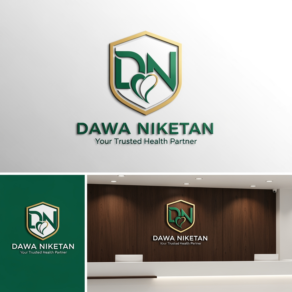 AI Design for Design a premium, minimalist, and memorable logo for "Dawa Niketan Medical Shop".
Requirements:
* Main logo should be based on the initials "DN".
* Modern monogram style with clean geometric lines.
* Simple, aesthetic, and timeless design.
* Must symbolize healthcare, trust, wellness, and care without looking generic.
* Avoid obvious medical crosses dominating the design.
* Integrate a subtle healthcare element creatively within the letters (such as a shield, heartbeat line, capsule shape, leaf, caring hand, or protection symbol).
* Create a strong standalone icon that can be used on shop boards, medicine bags, invoices, website, and social media.
* Premium 3D mockup presentation with realistic depth and shadows.
* Vector-style logo suitable for printing and signage.
Color Palette Options (choose one):
1. Deep Navy Blue + Teal
2. Emerald Green + Gold
3. Royal Blue + Silver
4. Dark Forest Green + Champagne Gold
5. Charcoal Black + Medical Green
Style:
* Luxury healthcare branding
* Minimalist
* Professional
* Elegant
* High-end pharmacy identity
Typography:
* Clean sans-serif or premium serif font
* "DAWA NIKETAN" prominently displayed
* Optional tagline: "Your Trusted Health Partner"
Background:
* White background for logo presentation
* Additional premium 3D signage mockup on a pharmacy reception desk
The final logo should feel as premium as Apollo Pharmacy, Tata 1mg, and modern healthcare brands while remaining unique and instantly recognizable.