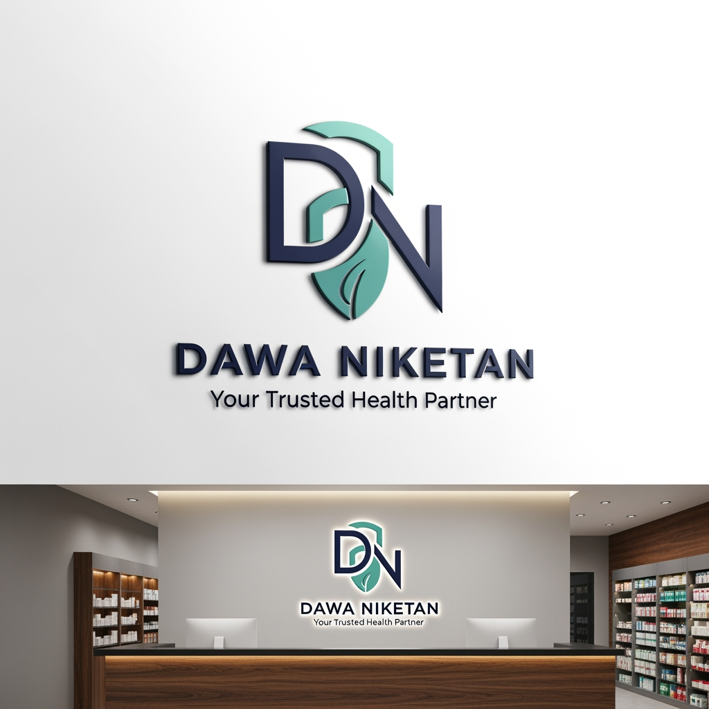 AI Design for Design a premium, minimalist, and memorable logo for "Dawa Niketan Medical Shop".
Requirements:
* Main logo should be based on the initials "DN".
* Modern monogram style with clean geometric lines.
* Simple, aesthetic, and timeless design.
* Must symbolize healthcare, trust, wellness, and care without looking generic.
* Avoid obvious medical crosses dominating the design.
* Integrate a subtle healthcare element creatively within the letters (such as a shield, heartbeat line, capsule shape, leaf, caring hand, or protection symbol).
* Create a strong standalone icon that can be used on shop boards, medicine bags, invoices, website, and social media.
* Premium 3D mockup presentation with realistic depth and shadows.
* Vector-style logo suitable for printing and signage.
Color Palette Options (choose one):
1. Deep Navy Blue + Teal
2. Emerald Green + Gold
3. Royal Blue + Silver
4. Dark Forest Green + Champagne Gold
5. Charcoal Black + Medical Green
Style:
* Luxury healthcare branding
* Minimalist
* Professional
* Elegant
* High-end pharmacy identity
Typography:
* Clean sans-serif or premium serif font
* "DAWA NIKETAN" prominently displayed
* Optional tagline: "Your Trusted Health Partner"
Background:
* White background for logo presentation
* Additional premium 3D signage mockup on a pharmacy reception desk
The final logo should feel as premium as Apollo Pharmacy, Tata 1mg, and modern healthcare brands while remaining unique and instantly recognizable.