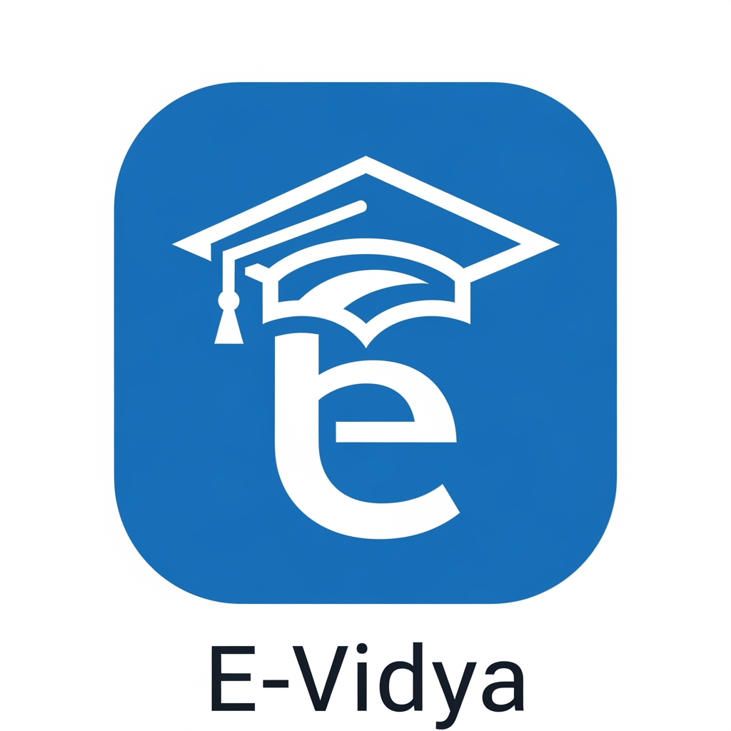 AI Design for Create a premium educational app logo for "E-Vidya". Use a stylized graduation cap merged with the letter E inside a rounded square blue app icon. Modern flat vector style, white and royal blue colors, clean lines, minimalistic, suitable for Android app launcher icon, splash screen, and Play Store branding. Professional EdTech startup aesthetic, high quality, scalable, memorable, elegant and modern.