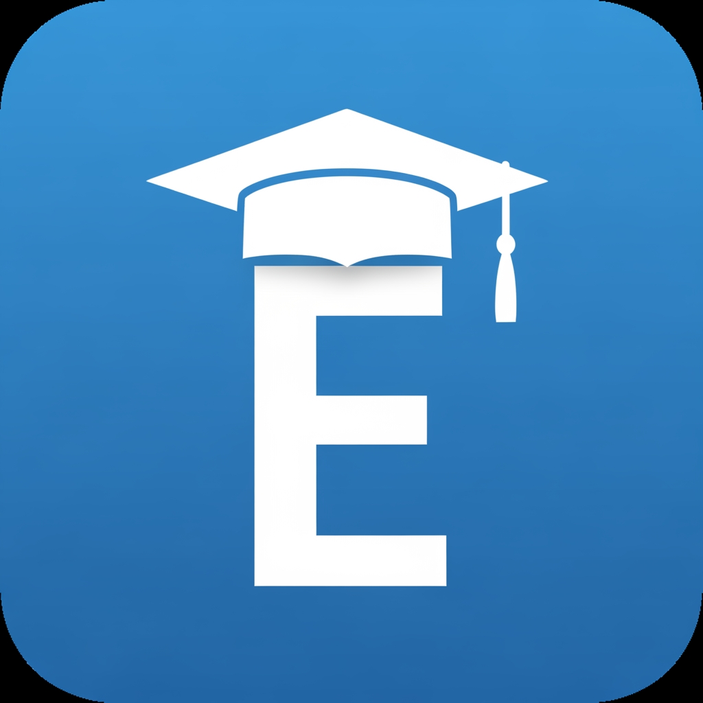AI Design for Make the logo flat vector style, remove heavy shadows, increase sharpness, use royal blue (#0D47A1), keep white E and graduation cap, modern Android app icon, Play Store ready, minimalistic and professional.