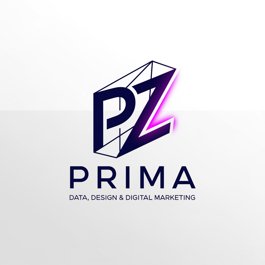 AI Design for Mi aiuta a creare un logo per un'azieda che si chiama “Prima”. Con il seguente playoff: Data, Design & Digital Marketing. Che abbia i seguenti colori: 
- Sfondo Principale : Bianco Ottico / Grigio Chiaro Lucido (#FFFFFF o #F8FAFC)
- Struttura e Testi (Precisione e Dati): Blu Notte Profondo (#0B132B)
- Accento / "Cyber Neon" (Energia e Futuro): Viola Elettrico / Magenta Neon (#7B2CBF o #3F37C9)
L'idea strategica: Un monogramma con la P o la Z stilizzate che richiamano la forma di un prisma (un triangolo o un poligono), oppure la scritta PRIZMA con un font custom futuristico (geometrico, senza grazie).