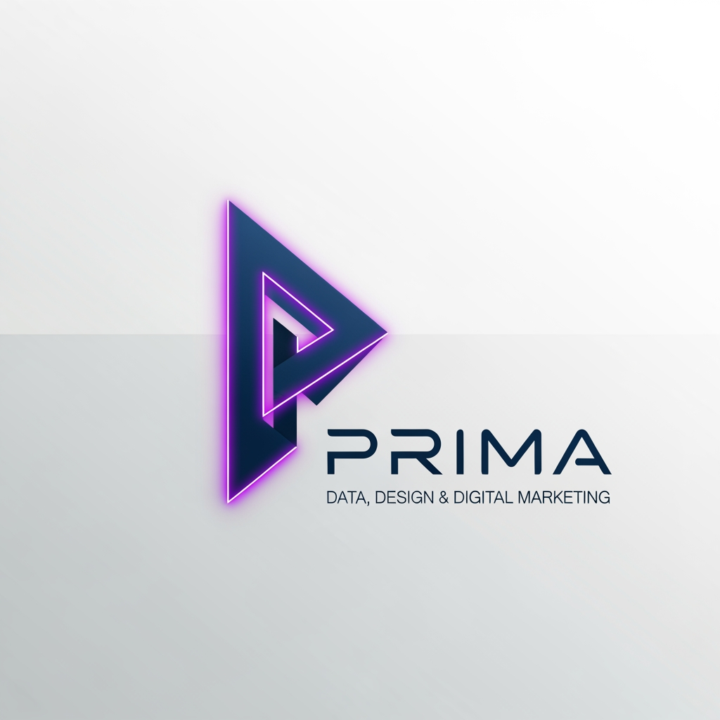 AI Design for Mi aiuta a creare un logo per un'azieda che si chiama “Prima”. Con il seguente playoff: Data, Design & Digital Marketing. Che abbia i seguenti colori: 
- Sfondo Principale : Bianco Ottico / Grigio Chiaro Lucido (#FFFFFF o #F8FAFC)
- Struttura e Testi (Precisione e Dati): Blu Notte Profondo (#0B132B)
- Accento / "Cyber Neon" (Energia e Futuro): Viola Elettrico / Magenta Neon (#7B2CBF o #3F37C9)
L'idea strategica: Un monogramma con la P o la Z stilizzate che richiamano la forma di un prisma (un triangolo o un poligono), oppure la scritta PRIZMA con un font custom futuristico (geometrico, senza grazie).