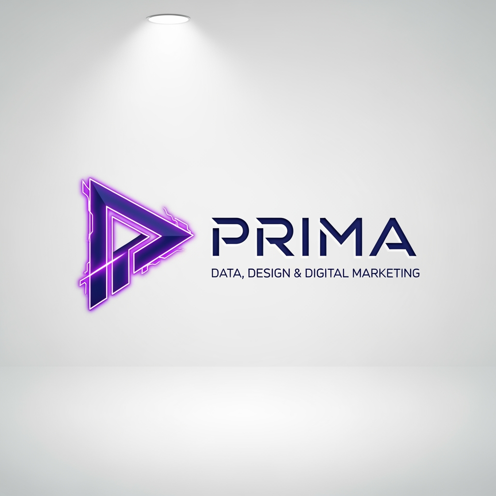 AI Design for Mi aiuta a creare un logo per un'azieda che si chiama “Prima”. Con il seguente playoff: Data, Design & Digital Marketing. Che abbia i seguenti colori: 
- Sfondo Principale : Bianco Ottico / Grigio Chiaro Lucido (#FFFFFF o #F8FAFC)
- Struttura e Testi (Precisione e Dati): Blu Notte Profondo (#0B132B)
- Accento / "Cyber Neon" (Energia e Futuro): Viola Elettrico / Magenta Neon (#7B2CBF o #3F37C9)
L'idea strategica: Un monogramma con la P o la Z stilizzate che richiamano la forma di un prisma (un triangolo o un poligono), oppure la scritta PRIZMA con un font custom futuristico (geometrico, senza grazie).