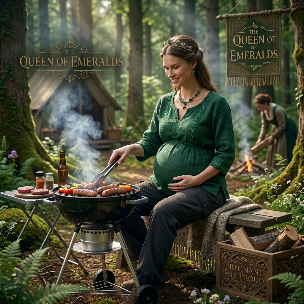 AI Design for she is grilling in a forest while sitting