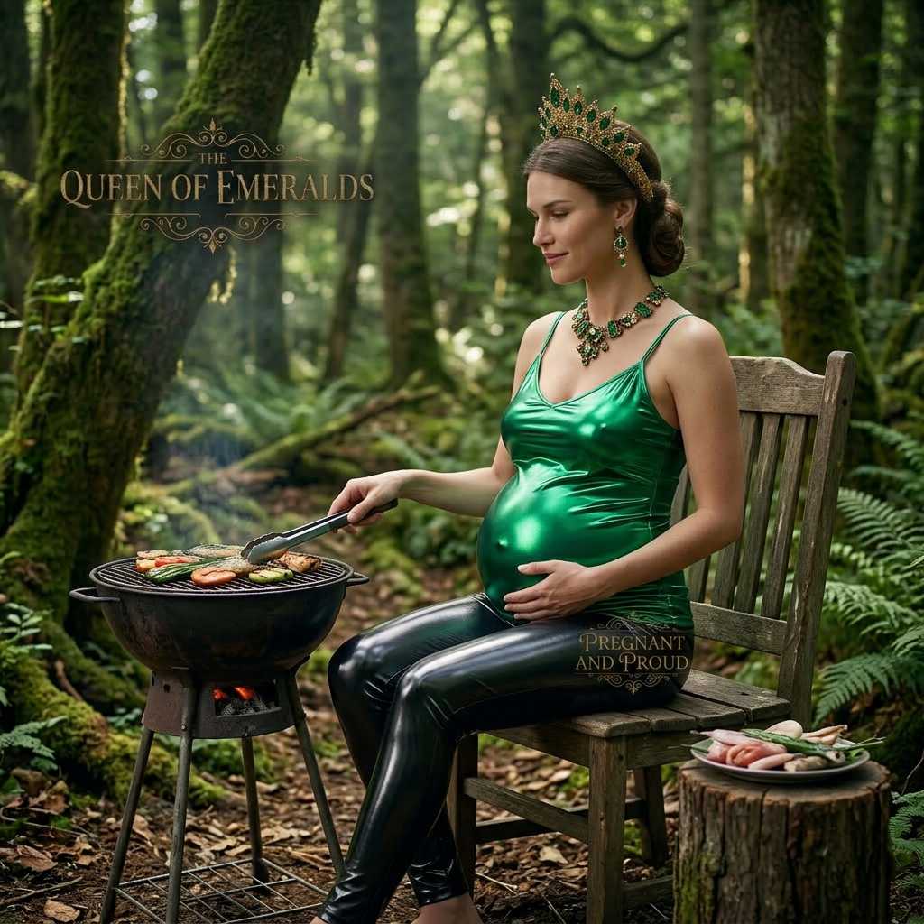 AI Design for she is grilling in a forest while sitting