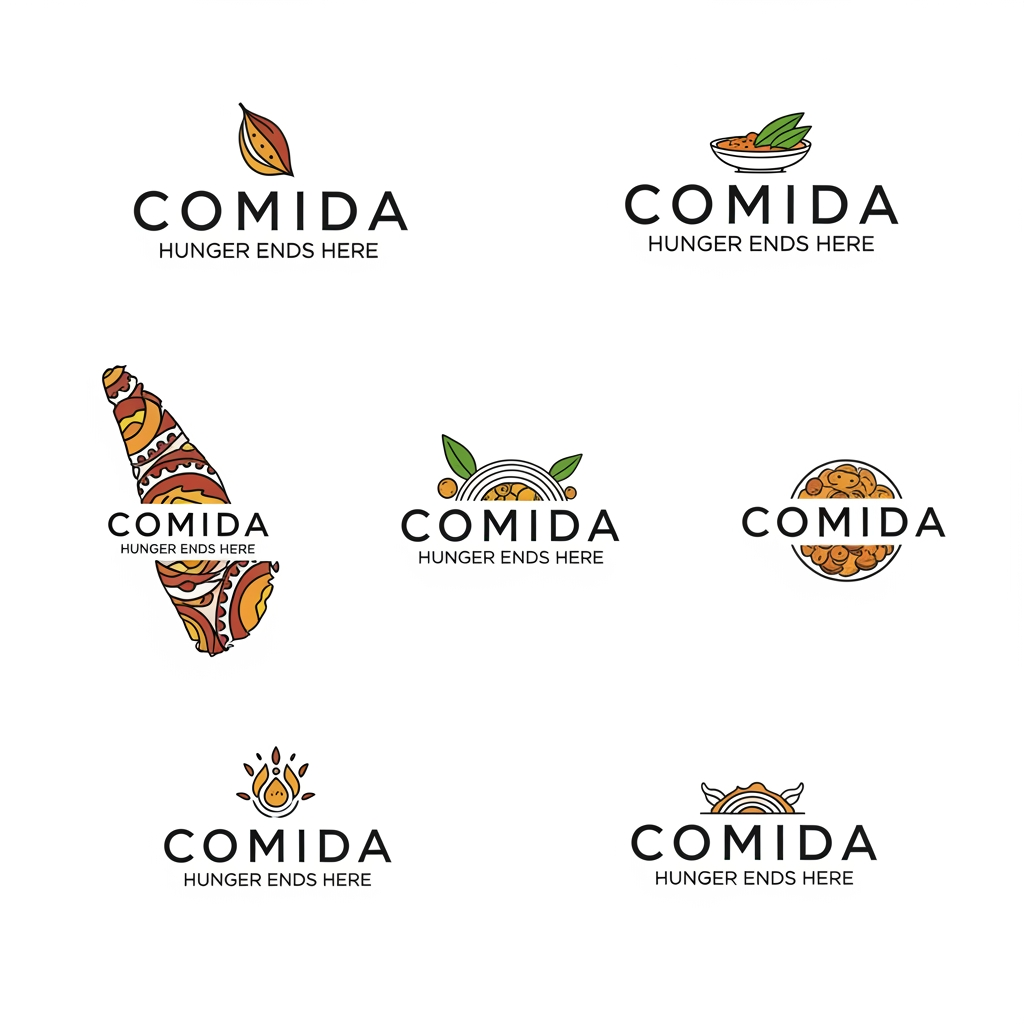 AI Design for Design a premium, modern, and memorable restaurant logo for **COMIDA** with the tagline **“Hunger Ends Here”**. Create a clean luxury brand identity inspired by Kerala’s rich culture and cuisine. Use elegant custom typography as the primary focus, with subtle Kerala-inspired elements such as a banana leaf, houseboat silhouette, coconut palm, backwater waves, or traditional Nilavilakku lamp integrated creatively into the design. Maintain a minimalist and sophisticated look suitable for restaurant signage, menus, packaging, uniforms, social media, and branding materials.
Color palette: Deep Kerala Green, Rich Gold, Warm Cream, and Charcoal Black. Use balanced contrast and premium color harmony. Focus on strong brand recall, modern hospitality aesthetics, and timeless visual appeal.
Style: Flat vector logo, luxury restaurant branding, clean lines, professional composition, negative space techniques, elegant typography, high-end hospitality identity, award-winning logo design, minimal yet distinctive.
Create 6 unique logo concepts:
1. Luxury Wordmark Logo
2. Circular Kerala Heritage Badge
3. Premium Monogram “C”
4. Kerala Houseboat Inspired Logo
5. Banana Leaf Minimal Logo
6. Modern Fine-Dining Restaurant Logo
White background, vector style, ultra-sharp details, premium branding presentation, professional logo showcase, realistic brand mockup quality, 4K, highly attractive, memorable, and visually impressive. Text must be exactly:
**COMIDA**
**Hunger Ends Here**
No food plates, no chef hats, no cartoon elements, no stock-style restaurant icons. Focus on premium brand identity and Kerala-inspired elegance.