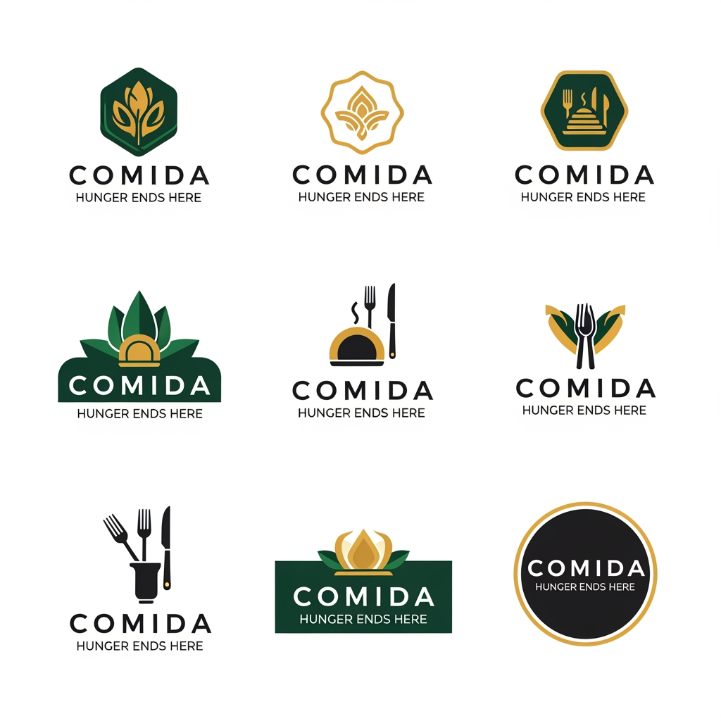 AI Design for Design a premium, modern, and memorable restaurant logo for **COMIDA** with the tagline **“Hunger Ends Here”**. Create a clean luxury brand identity inspired by Kerala’s rich culture and cuisine. Use elegant custom typography as the primary focus, with subtle Kerala-inspired elements such as a banana leaf, houseboat silhouette, coconut palm, backwater waves, or traditional Nilavilakku lamp integrated creatively into the design. Maintain a minimalist and sophisticated look suitable for restaurant signage, menus, packaging, uniforms, social media, and branding materials.
Color palette: Deep Kerala Green, Rich Gold, Warm Cream, and Charcoal Black. Use balanced contrast and premium color harmony. Focus on strong brand recall, modern hospitality aesthetics, and timeless visual appeal.
Style: Flat vector logo, luxury restaurant branding, clean lines, professional composition, negative space techniques, elegant typography, high-end hospitality identity, award-winning logo design, minimal yet distinctive.
Create 6 unique logo concepts:
1. Luxury Wordmark Logo
2. Circular Kerala Heritage Badge
3. Premium Monogram “C”
4. Kerala Houseboat Inspired Logo
5. Banana Leaf Minimal Logo
6. Modern Fine-Dining Restaurant Logo
White background, vector style, ultra-sharp details, premium branding presentation, professional logo showcase, realistic brand mockup quality, 4K, highly attractive, memorable, and visually impressive. Text must be exactly:
**COMIDA**
**Hunger Ends Here**
No food plates, no chef hats, no cartoon elements, no stock-style restaurant icons. Focus on premium brand identity and Kerala-inspired elegance.