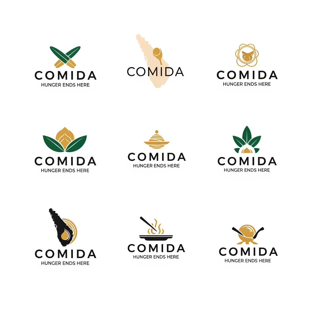 AI Design for Design a premium, modern, and memorable restaurant logo for **COMIDA** with the tagline **“Hunger Ends Here”**. Create a clean luxury brand identity inspired by Kerala’s rich culture and cuisine. Use elegant custom typography as the primary focus, with subtle Kerala-inspired elements such as a banana leaf, houseboat silhouette, coconut palm, backwater waves, or traditional Nilavilakku lamp integrated creatively into the design. Maintain a minimalist and sophisticated look suitable for restaurant signage, menus, packaging, uniforms, social media, and branding materials.
Color palette: Deep Kerala Green, Rich Gold, Warm Cream, and Charcoal Black. Use balanced contrast and premium color harmony. Focus on strong brand recall, modern hospitality aesthetics, and timeless visual appeal.
Style: Flat vector logo, luxury restaurant branding, clean lines, professional composition, negative space techniques, elegant typography, high-end hospitality identity, award-winning logo design, minimal yet distinctive.
Create 6 unique logo concepts:
1. Luxury Wordmark Logo
2. Circular Kerala Heritage Badge
3. Premium Monogram “C”
4. Kerala Houseboat Inspired Logo
5. Banana Leaf Minimal Logo
6. Modern Fine-Dining Restaurant Logo
White background, vector style, ultra-sharp details, premium branding presentation, professional logo showcase, realistic brand mockup quality, 4K, highly attractive, memorable, and visually impressive. Text must be exactly:
**COMIDA**
**Hunger Ends Here**
No food plates, no chef hats, no cartoon elements, no stock-style restaurant icons. Focus on premium brand identity and Kerala-inspired elegance.