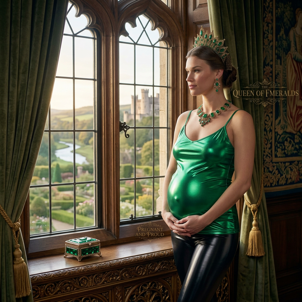 AI Design for this beautiful queen of emerald is standing and watching from a window