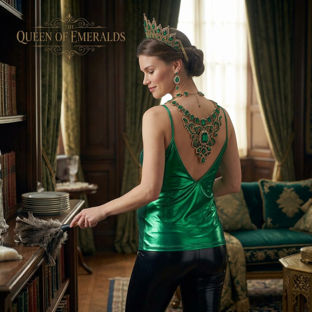 AI Design for this beautiful queen of emerald is doing house work while showing her back