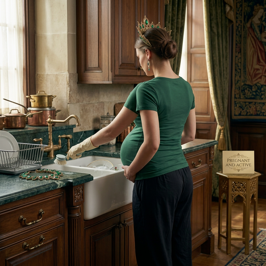 AI Design for this beautiful queen of emerald is doing house work while showing her back while holding her pregnant