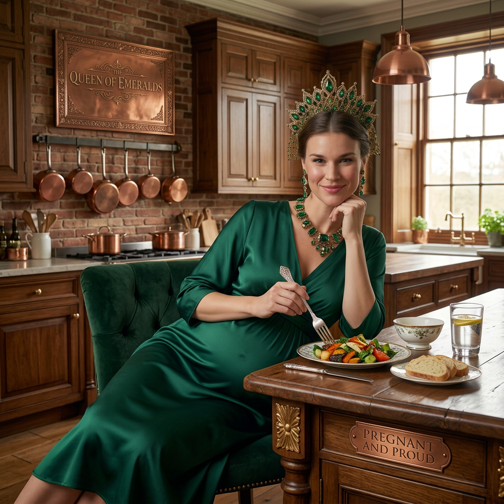 AI Design for this beautiful queen of emerald is eating in a kitchen
