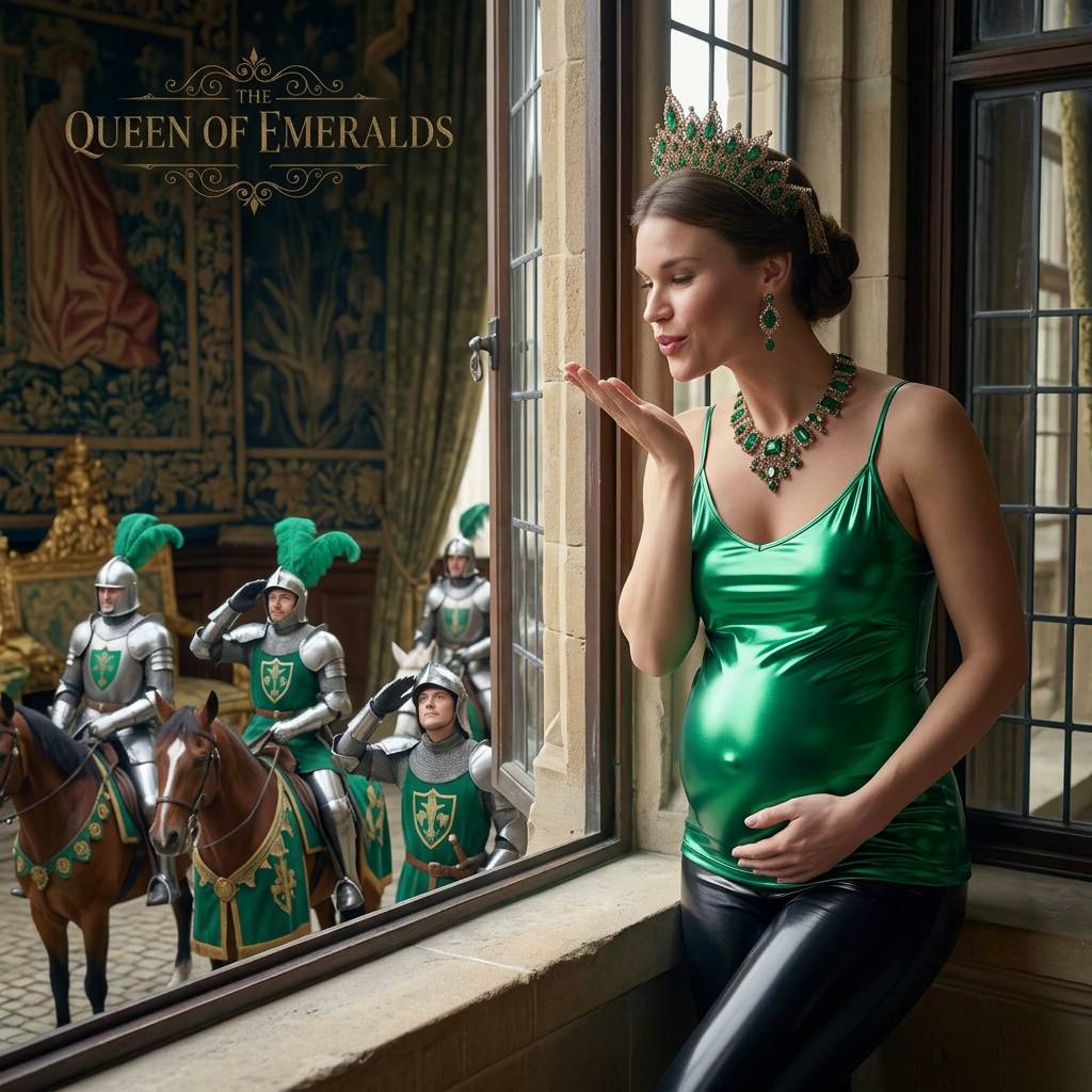 AI Design for this beautiful queen of emerald is laying and watching from a window and blowing kiss for the knights