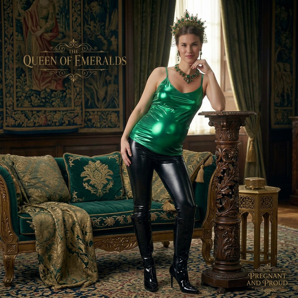 AI Design for this beautiful queen of emerald is standing while showing hot pose she wears black shiny leather boots that reached to her knees