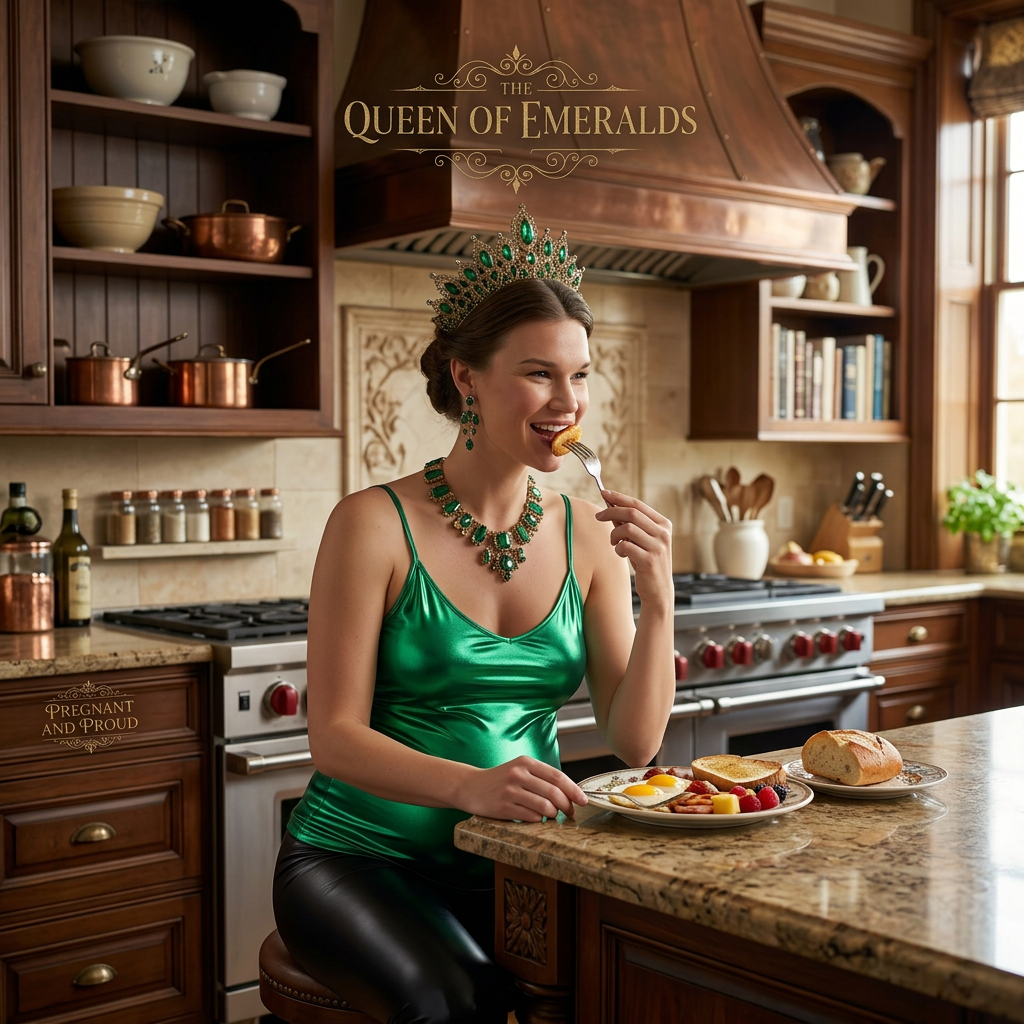 AI Design for this beautiful queen of emerald is eating in a kitchen
