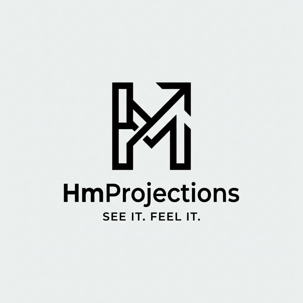 AI Design for A minimalist, modern logo design featuring clean geometric lines and balanced negative space. The aesthetic should be professional, versatile, and high-contrast, presented on a solid, neutral background to ensure clarity and scalability. The ttile is "HmProjections" Tagline "SEE OT. FEEL IT"