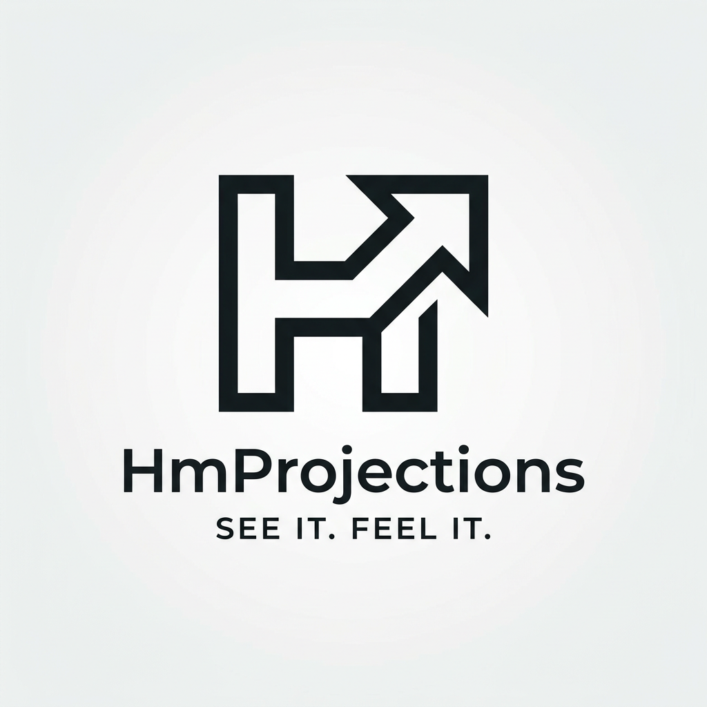 AI Design for A minimalist, modern logo design featuring clean geometric lines and balanced negative space. The aesthetic should be professional, versatile, and high-contrast, presented on a solid, neutral background to ensure clarity and scalability. The ttile is "HmProjections" Tagline "SEE OT. FEEL IT"