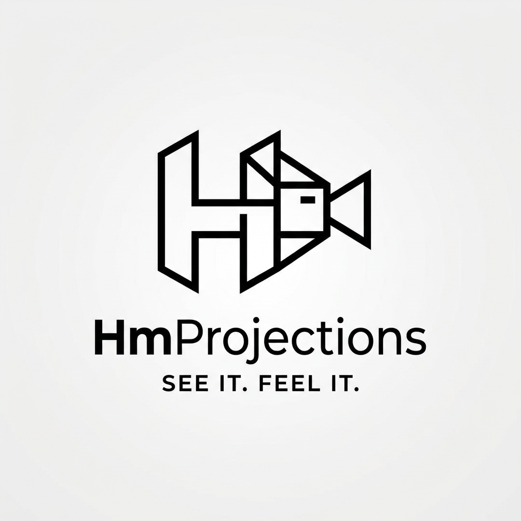 AI Design for A minimalist, modern logo design featuring clean geometric lines and balanced negative space. The aesthetic should be professional, versatile, and high-contrast, presented on a solid, neutral background to ensure clarity and scalability. The ttile is "HmProjections" Tagline "SEE OT. FEEL IT"