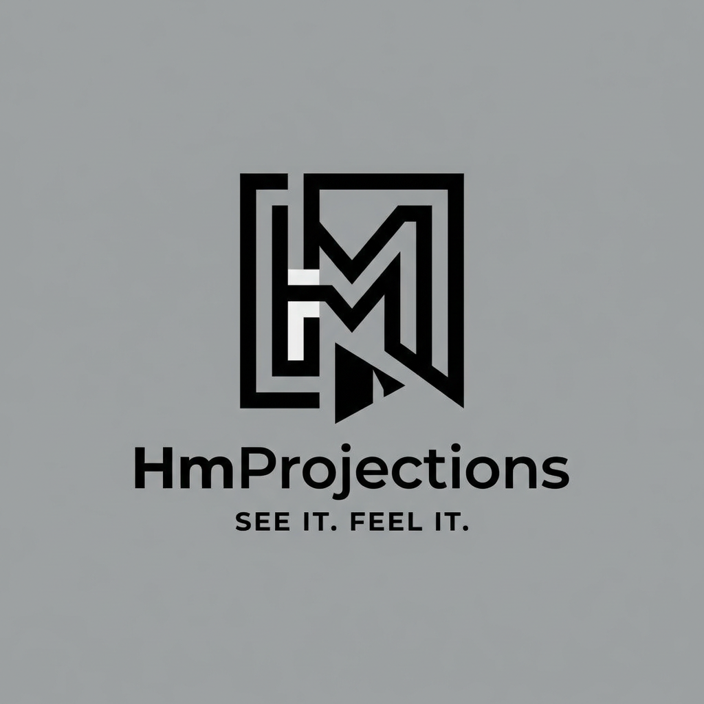 AI Design for A minimalist, modern logo design featuring clean geometric lines and balanced negative space. The aesthetic should be professional, versatile, and high-contrast, presented on a solid, neutral background to ensure clarity and scalability. The ttile is "HmProjections" Tagline "SEE OT. FEEL IT"